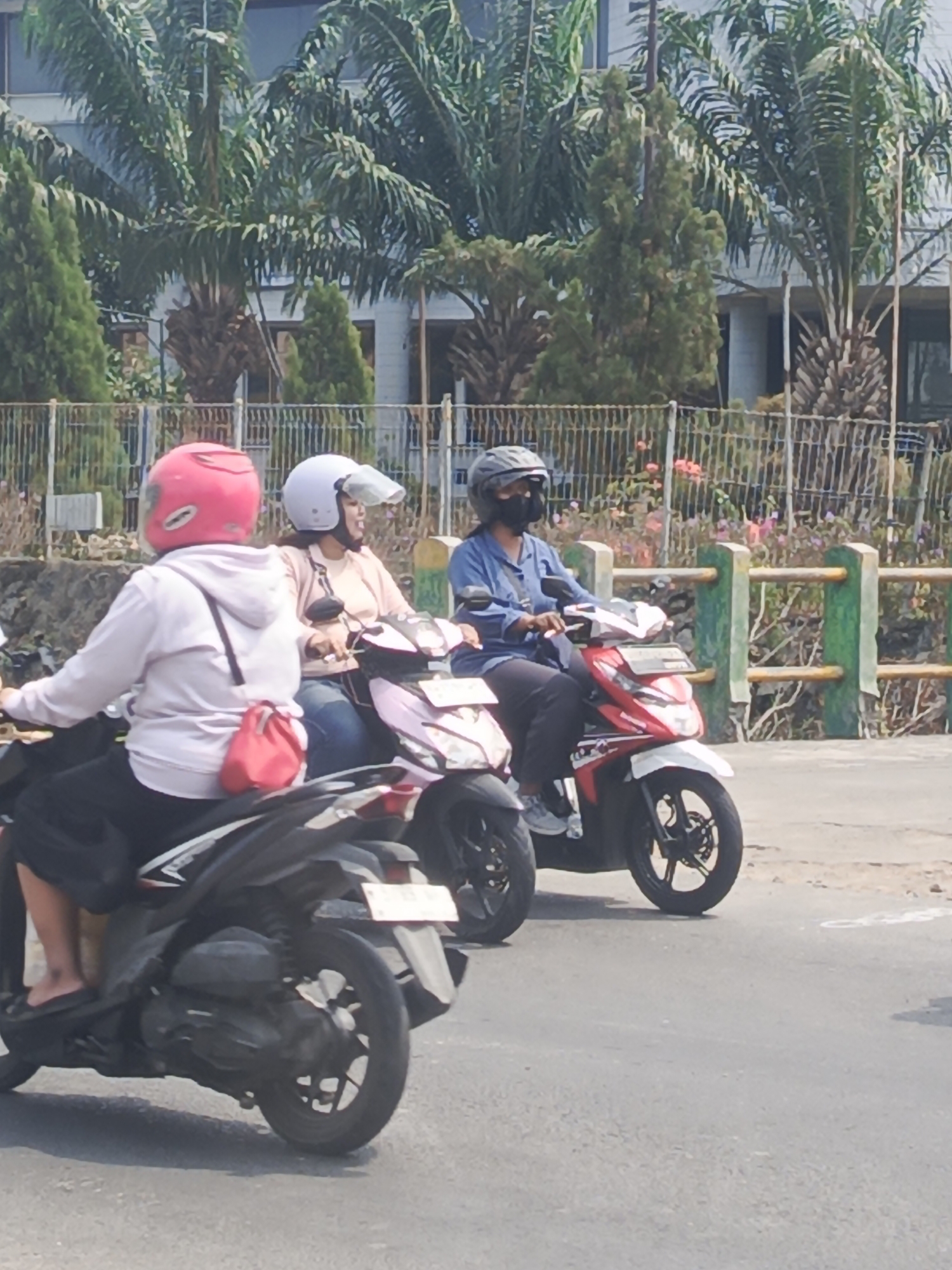 In Kwangsan, Indonesia, on a sunny day, three people ride motorcycles on an asphalt road. The lead motorcycle is ridden by a person wearing a pink helmet and a light pink hoodie, with a small red pouch attached to their waist. Behind them, a person in a white helmet and light pink shirt rides a pink and white motorcycle. The third motorcycle, ridden by a person in a grey helmet and dark blue shirt, is a red and white model. They are all traveling in the same direction. Palm trees and other vegetation are visible in the background, along with a building and a decorative fence.
