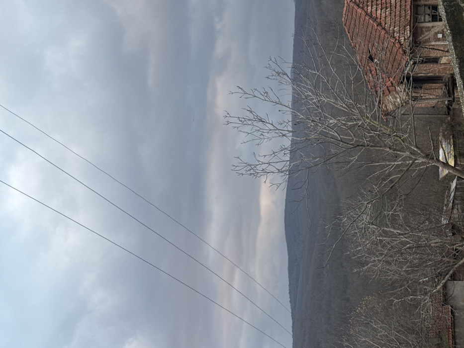 A view of a dreary day featuring a mountain range. Bare trees stand in the foreground next to a dilapidated building with a red-tiled roof. Power lines cut across the sky, which is filled with thick clouds. The overall atmosphere is somber and bleak.