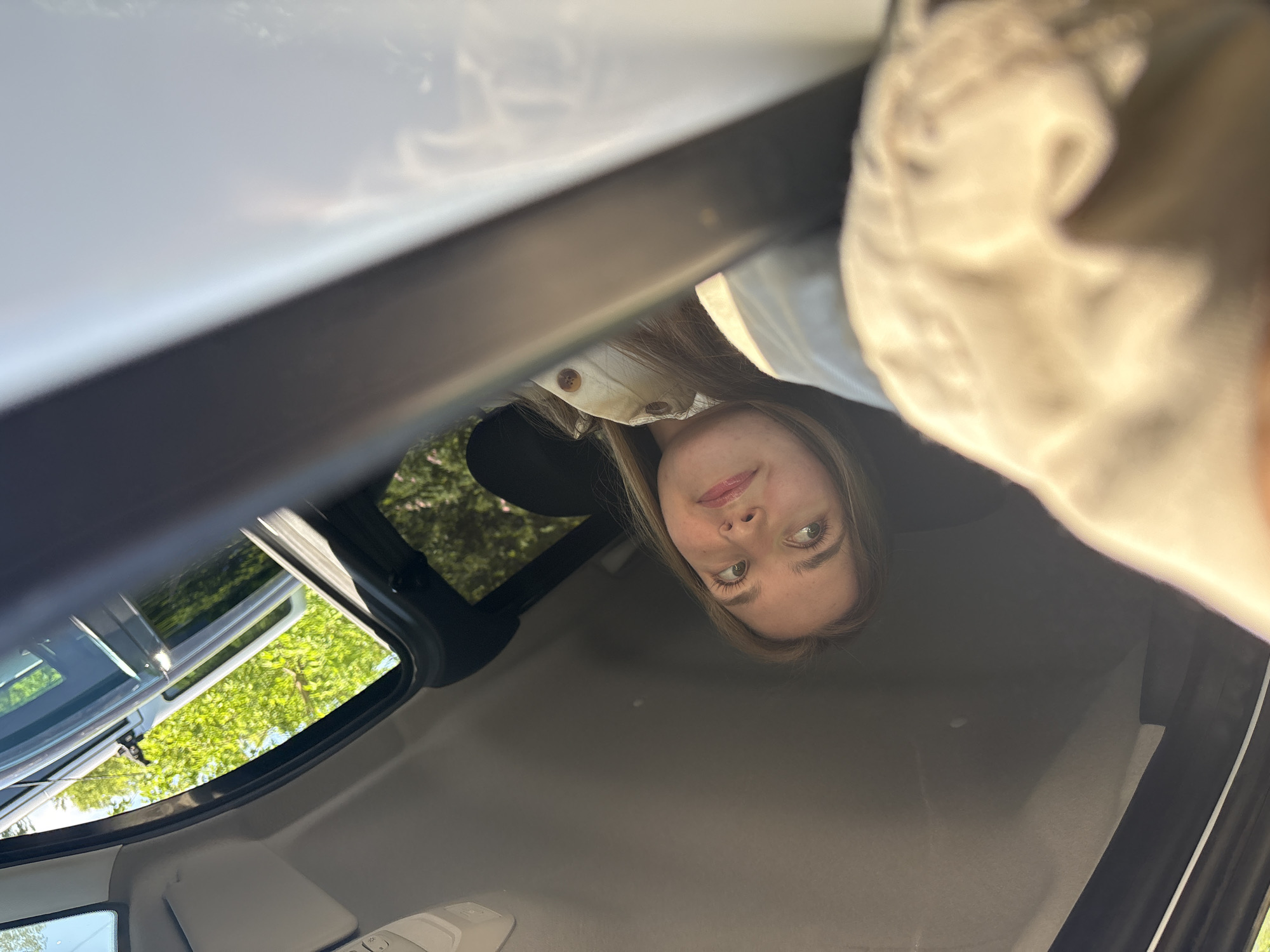 A person is inside a vehicle, possibly a car, looking upwards towards the camera. The camera is positioned near the ceiling of the vehicle. A small portion of the vehicle's interior is visible, including the ceiling and parts of the dashboard. The car door is open, revealing greenery outside. The person has light skin, light brown hair, and is wearing a white shirt or jacket.
It is not possible to determine the specific location, including if it is in Perm, Russia, from the visual data.