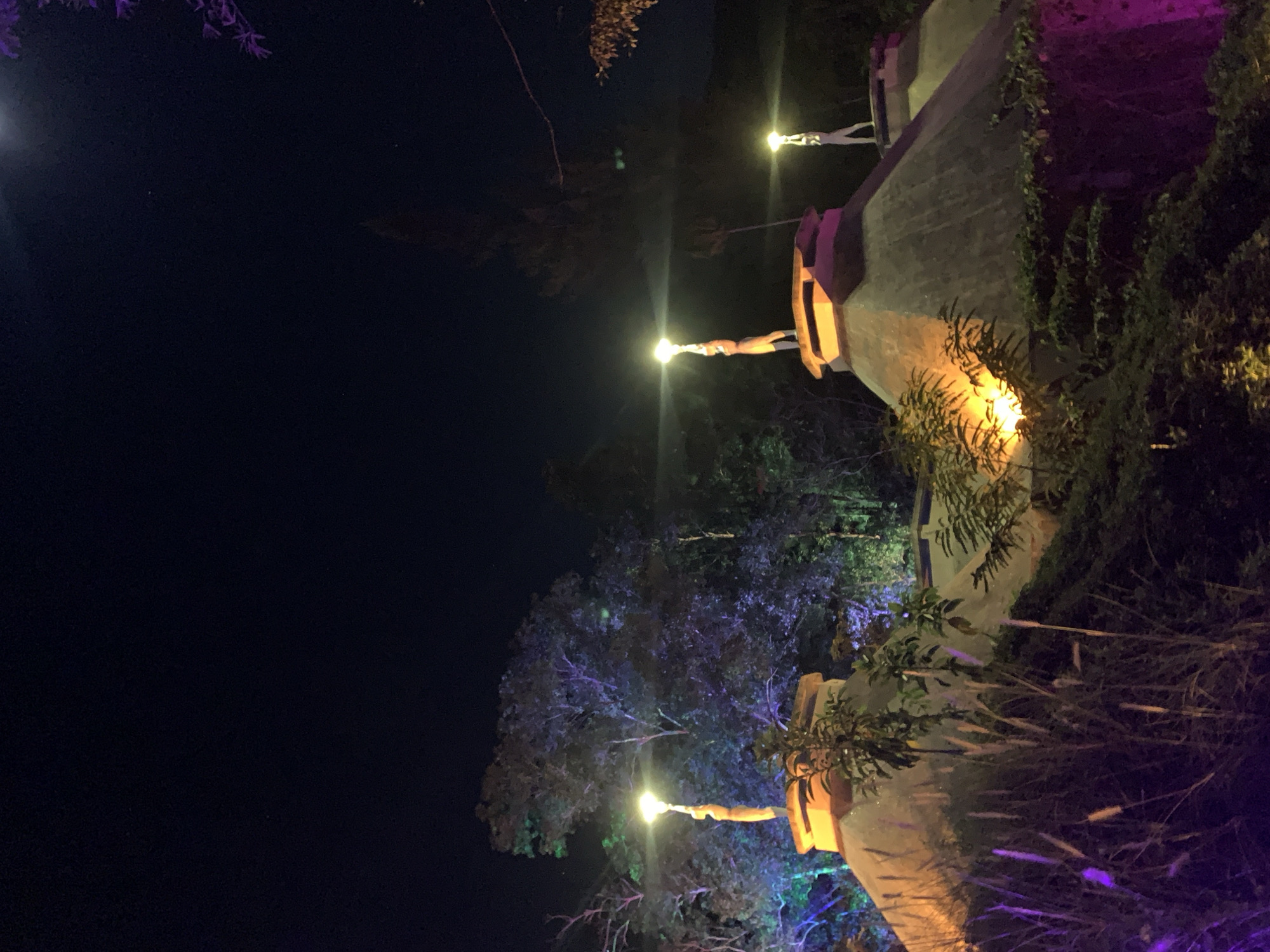 Captured at night in Baan Lipa Noi, Thailand, the image displays illuminated, humanoid statues. Constructed with an industrial, blocky aesthetic, the statues are set within a tropical landscape. A tower-like structure sits adjacent to trees adorned with purple and blue lights. Each statue's outstretched hand holds a bright light, illuminating the surrounding foliage. The night sky fills the top left corner of the frame.