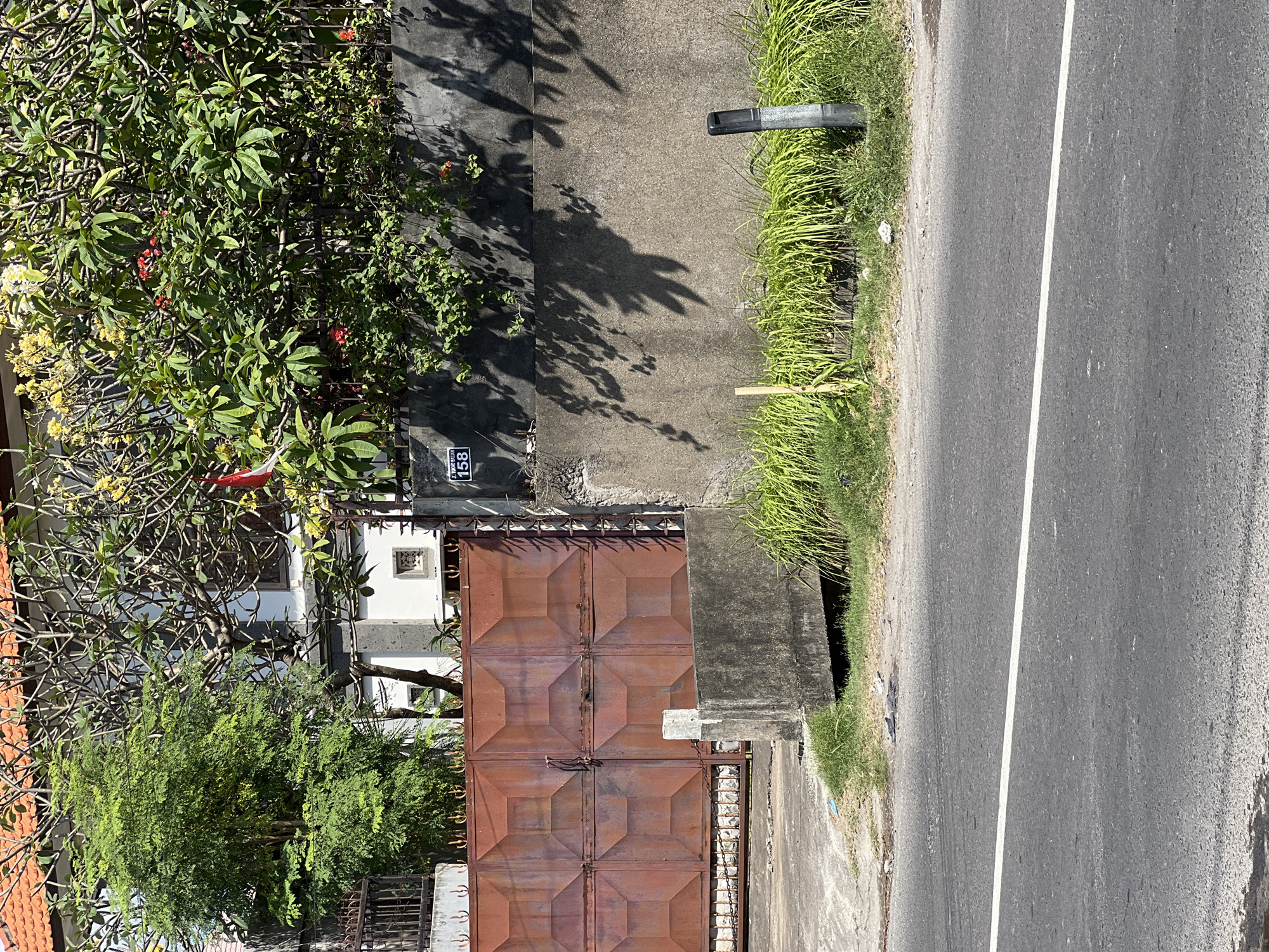 The image shows a street scene in Denpasar, Indonesia. In the foreground, a paved road with a white line marking the lane is visible. Behind the road, there is a strip of grass and a concrete structure. Further back, a large, rusty metal gate with a decorative pattern dominates the left side of the image. To the right of the gate, a concrete wall runs along the property line, with green foliage and trees growing over it. A small black post is visible near the right edge of the wall. Above the wall and gate, the roof of a building with orange tiles is partially visible, along with parts of the building's facade. There are no people visible in the image. The overall scene depicts an urban or suburban environment with elements of vegetation and residential architecture.