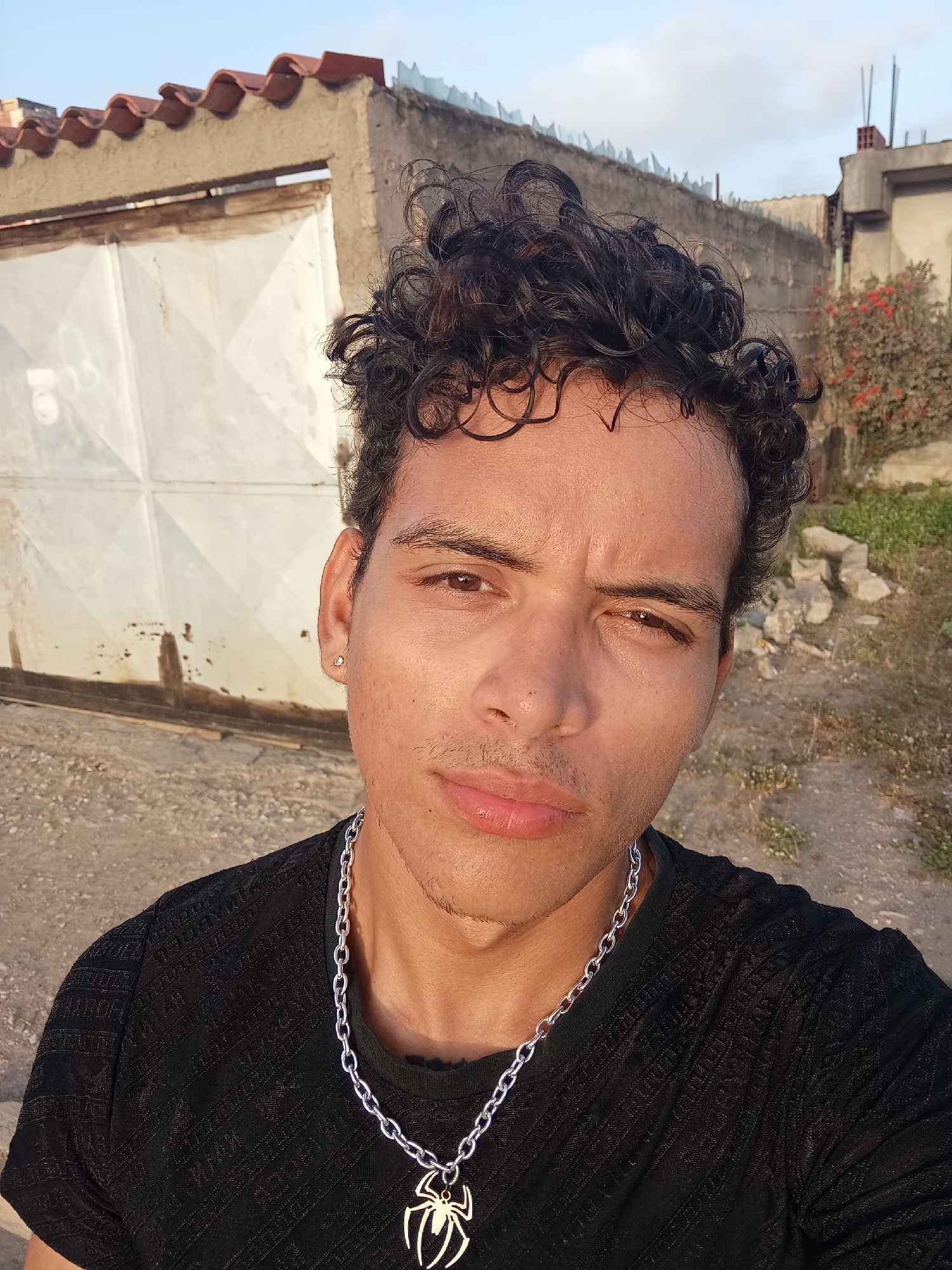 A close-up outdoor selfie depicts a young man with dark, curly hair and light brown eyes, looking directly into the camera with a neutral to slightly serious expression and subtly furrowed brows. He has a hint of stubble on his chin and upper lip. He is wearing a black, textured t-shirt and a prominent silver chain with a distinctive Spider-Man pendant. A small silver stud earring is visible in his left ear.
The setting is an outdoor, somewhat rustic or urban environment in Juan Griego, Venezuela. Bright, natural sunlight illuminates the scene, suggesting it is either morning or late afternoon. In the background to the man's left, a large, light-colored metal gate with a diamond pattern is visible, partially obscured. Above it, a concrete wall is topped with red, wavy roof tiles. To his right, another concrete wall features sharp, anti-climb barriers, possibly broken glass or metal spikes. Sparse vegetation, including bushes with red flowers, and scattered debris are visible on the ground. The sky above is light blue with a few clouds. No visible text is present in the image.