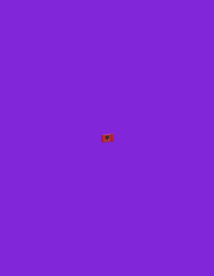 The image is a close-up, centered view of the Albanian flag against a solid, vibrant purple background. The flag is small and appears to be rendered as a digital icon, likely an emoji. The flag features a red background with a black double-headed eagle in the center. The purple background is uniform and shows no discernible textures or features, suggesting it is a digitally generated or heavily edited image. There are no other objects, people, or environmental elements present in the scene. The location in Moscow, Russia is not depicted in this image.