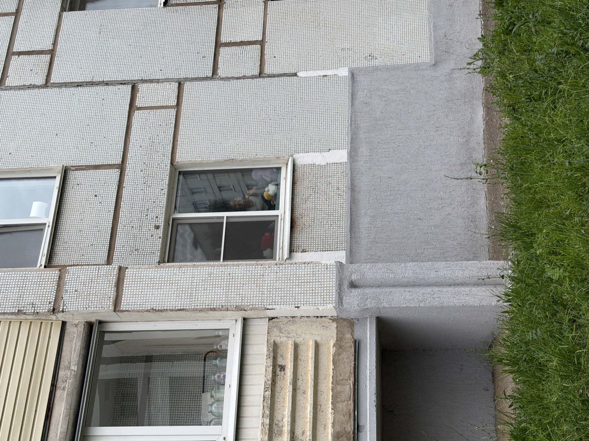 The image shows a partial view of a multi-story building's exterior in Chaikovsky, Russia. The building is clad in light gray, small square tiles, interspersed with larger, rectangular panels of a similar color. A window on the right side of the building shows a person, likely a woman, sitting indoors. She is looking towards the window and appears to be holding a plush toy or fabric object. Next to her in the window, another object, possibly a red stuffed animal, is visible. To the left, a larger window is partially visible, displaying several glass jars on a shelf. The lower portion of the building features a gray concrete base with some discoloration and texture. In the foreground, green grass and weeds are growing. The architectural style suggests an older residential building typical of Soviet-era construction.