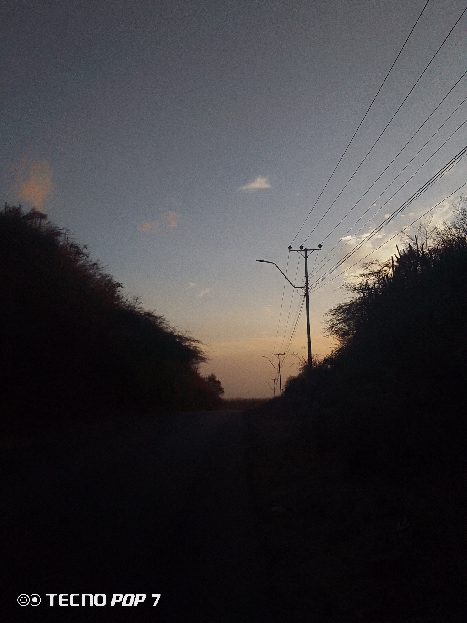 The image depicts a road in Altagracia, Venezuela, at dusk or dawn. The road stretches into the distance, framed by dark vegetation on either side, suggesting a rural or semi-rural location. Overhead, power lines run diagonally across the sky, and a street light stands to the right. The sky is a mix of light blues and oranges from the setting or rising sun. The lower portion of the image is obscured in shadow. A logo for "TECNOP POP 7" is visible in the bottom left corner. No people are visible in the scene.