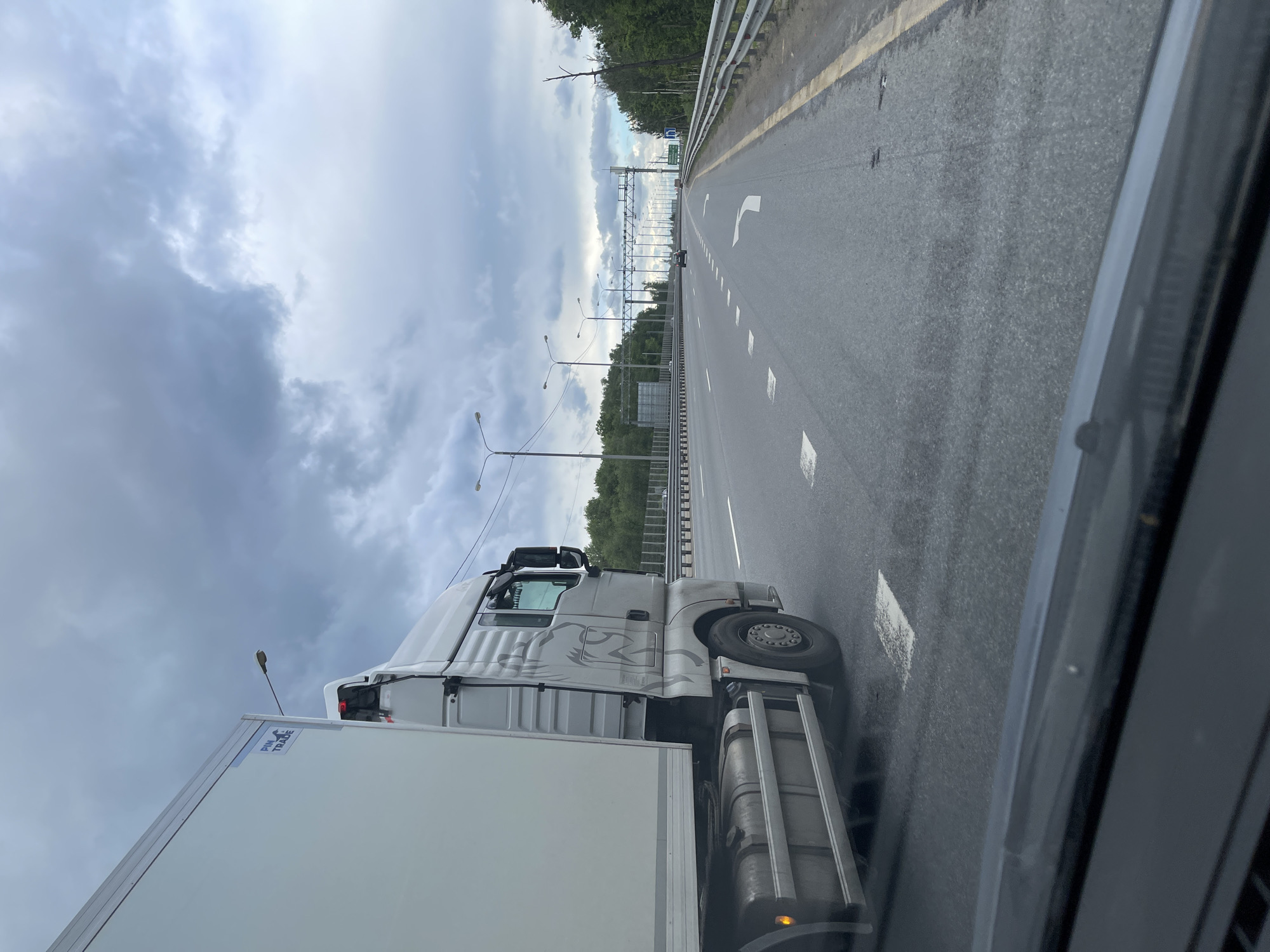 A truck is traveling on a highway near Бавыкино, Russia. The sky is overcast. The road is marked with directional arrows and lane dividers. There is a guardrail on the left side of the road with trees beyond. Streetlights are visible. The view is from inside a vehicle, presumably traveling in the same direction as the truck.