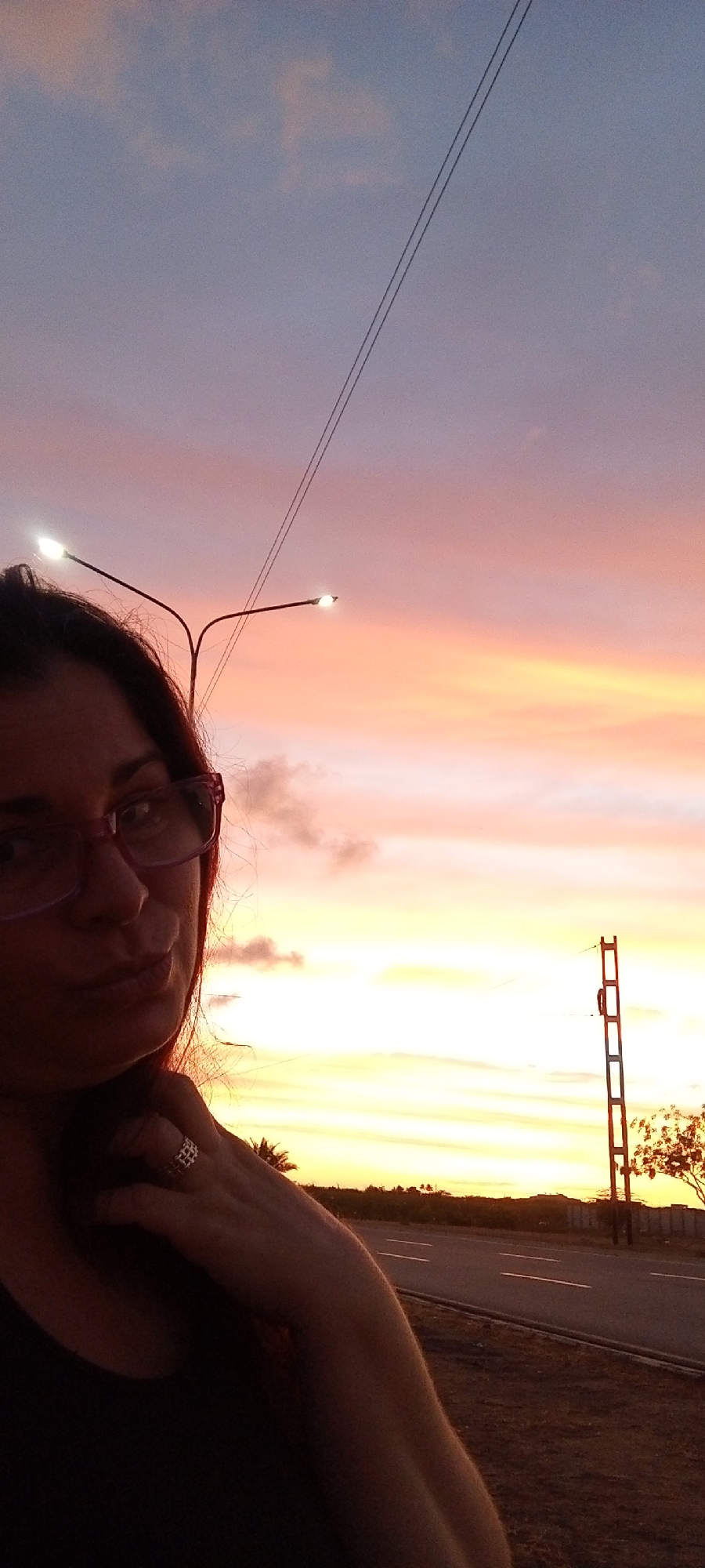 A woman with glasses is posing for a selfie in Unknown, Unknown. The background showcases a sunset sky with shades of pink and orange. A street runs horizontally, with trees visible in the distance. The scene is illuminated by the setting sun, with additional light from street lamps. Power lines extend across the upper portion of the image. The woman's hand is visible, with a ring on her finger.