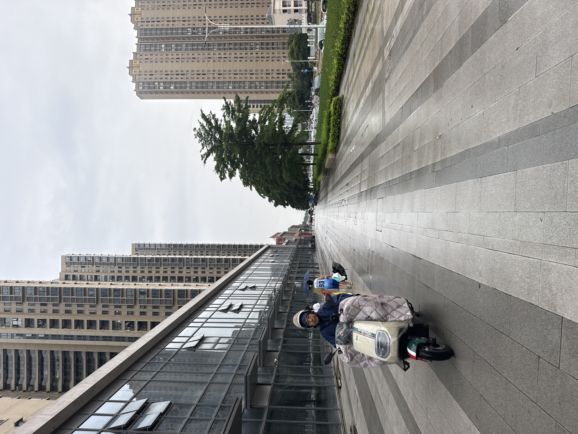 The image shows a street scene in Huizhou, China. In the foreground, a person wearing a helmet and a blue rain jacket rides an electric scooter. The scooter is covered with a quilted blanket, and the rider's face is partially obscured by the helmet. The rider is on a wide sidewalk paved with large, rectangular gray tiles. To the left of the sidewalk is a modern building with a glass facade, and beyond that, tall residential buildings. To the right of the sidewalk is a road with cars and a line of green trees and manicured bushes. The sky is overcast and the ground appears wet, suggesting it may have recently rained. In the background, more tall buildings are visible. Two other people are walking further down the sidewalk, one holding an umbrella.