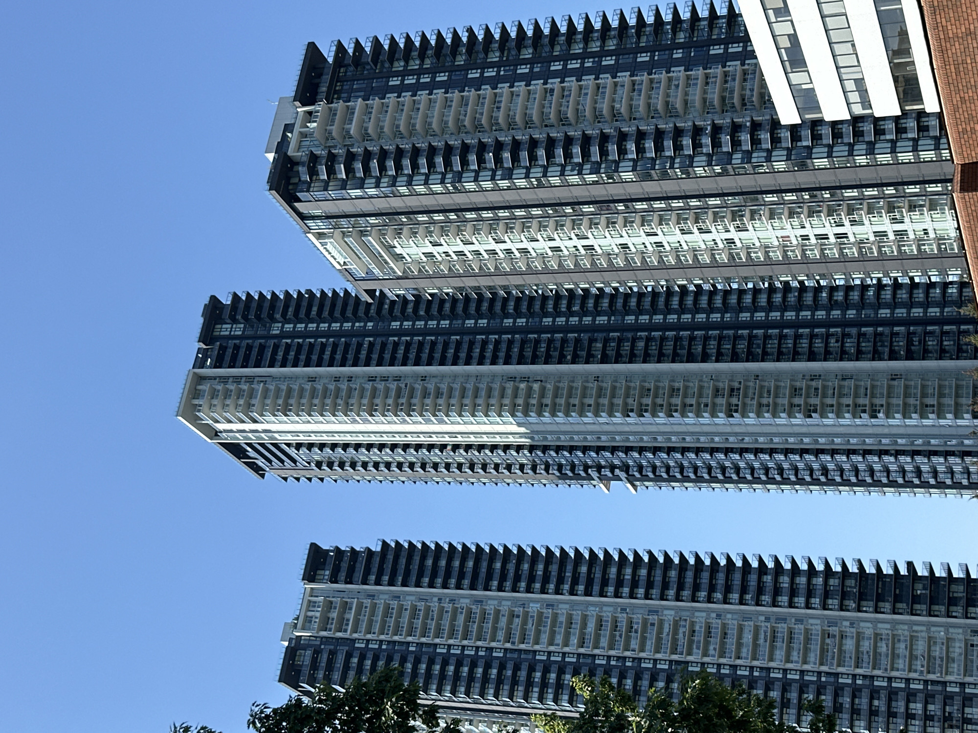 The image shows three modern high-rise residential buildings set against a clear blue sky. The buildings are tall and slender, with dark facades and numerous balconies that are outlined in white. The balconies have glass railings, and some have visible furniture. One of the buildings, in the center, features a lighter, more textured facade with many white balconies. To the right of the central building, another tall, dark-facaded building with glass balconies is visible. On the far left, a portion of a similar dark-facaded building with glass balconies is also present, with some green foliage in the foreground. In the lower right corner, a shorter, white, multi-story building with dark-framed windows is partially visible, with a reddish-brown brick structure in front of it. The image appears to be taken from a low angle, looking upwards at the structures. This view is characteristic of downtown Burnaby, Canada, specifically the area around Metrotown, known for its concentration of high-rise residential and commercial buildings. There are no people or vehicles clearly visible in the image.