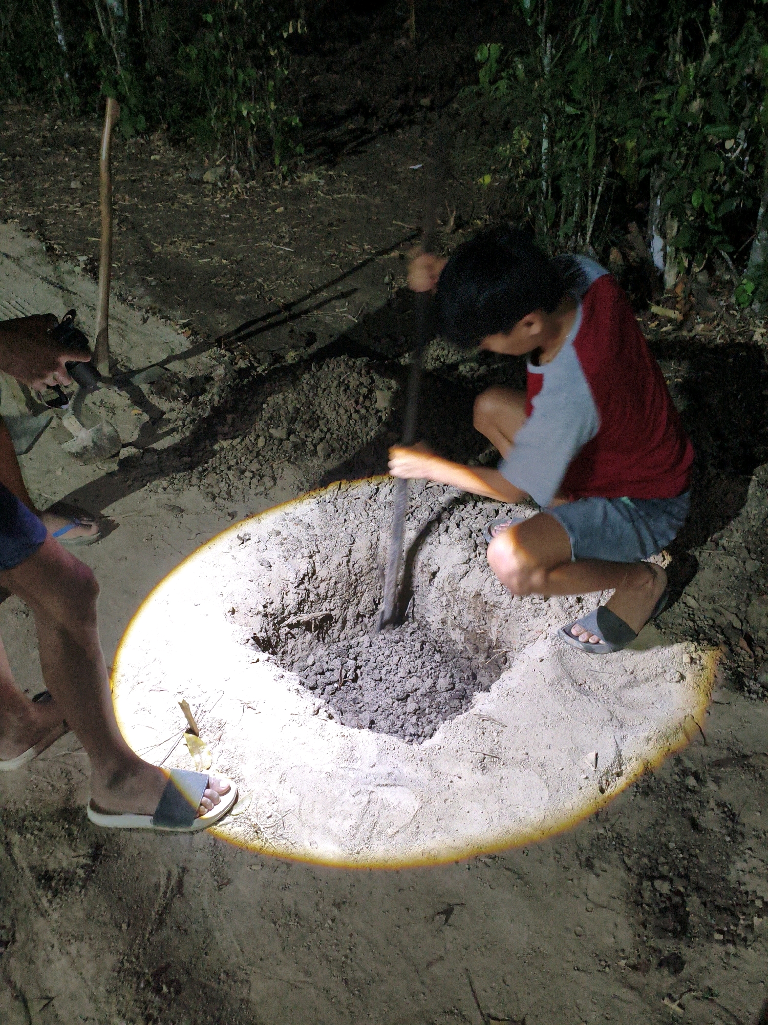 The image depicts a nighttime scene in Karangtalun, Indonesia, where a young male is actively digging a hole in the ground using a shovel. He is wearing a red and gray t-shirt and blue shorts. His feet are bare except for dark flip-flops. The hole appears to be circular and is being dug in sandy soil. A spotlight illuminates the immediate area around the hole, creating strong shadows. In the background, there are trees and dense foliage, suggesting a natural or rural environment within Karangtalun. Another individual's legs and feet are visible to the left of the frame, wearing blue shorts and flip-flops, indicating their presence and possibly participation or observation of the activity. Tools, including another shovel and a pickaxe, are visible lying on the ground near the hole, implying an ongoing construction or excavation project. The overall atmosphere is one of work being done in low-light conditions.