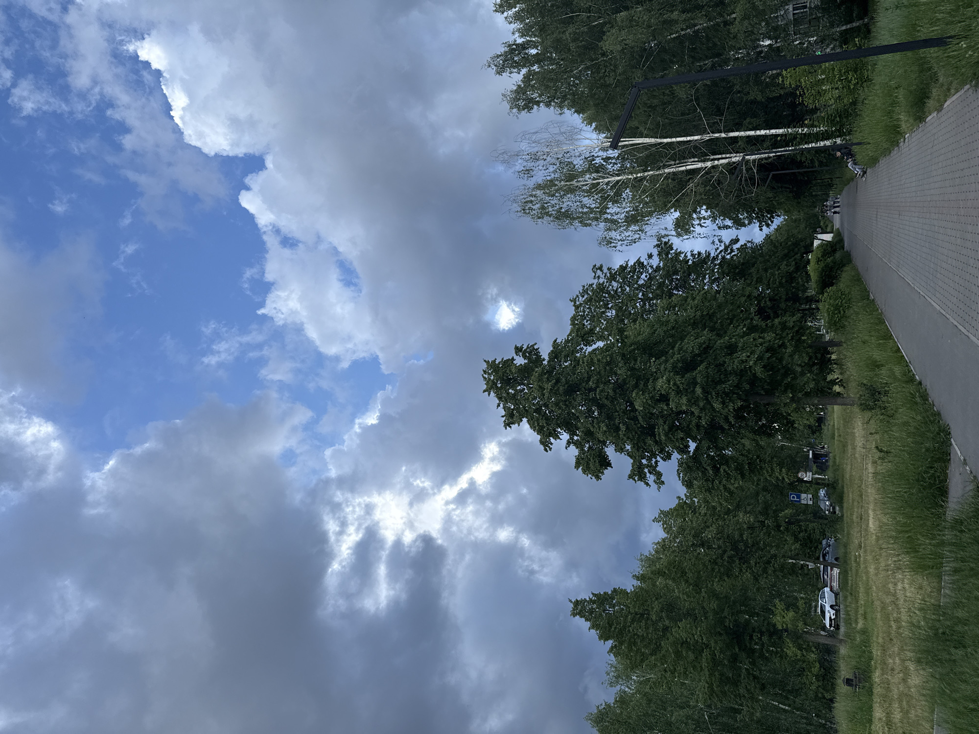 The image displays an outdoor scene, likely a park or a tree-lined urban pathway, under a sky dominated by heavy clouds with intermittent patches of clear blue. The clouds range from a dark, brooding grey to bright white, suggesting dynamic weather with sunlight breaking through.
Numerous tall, green deciduous trees with dense foliage line both sides of the visible area. Some trees with distinct light-colored or white bark are particularly noticeable, possibly birch trees. A wide, paved path or sidewalk made of grey interlocking pavers runs from the foreground into the distance on the right side of the frame, bordered by green grass and other low-lying vegetation.
In the mid-ground, several individuals are visible along the path. One person is seated on a dark bench, while others are further down the path, appearing to be walking or standing. To the left of the path, nestled among the trees, several cars are parked, with a white car being prominently visible. A blue parking sign, displaying a white "P" symbol, is also discernible near the parked vehicles. Dark, angular structures, possibly modern streetlights or architectural features, extend over the path from the right side.
The time of day appears to be daytime, possibly late afternoon, given the diffused light from the cloud cover, yet with sufficient brightness where the sky is clearer. The weather is overcast but not fully dark, indicating a mix of sun and clouds. The setting evokes a public recreational area or a well-maintained urban green space.