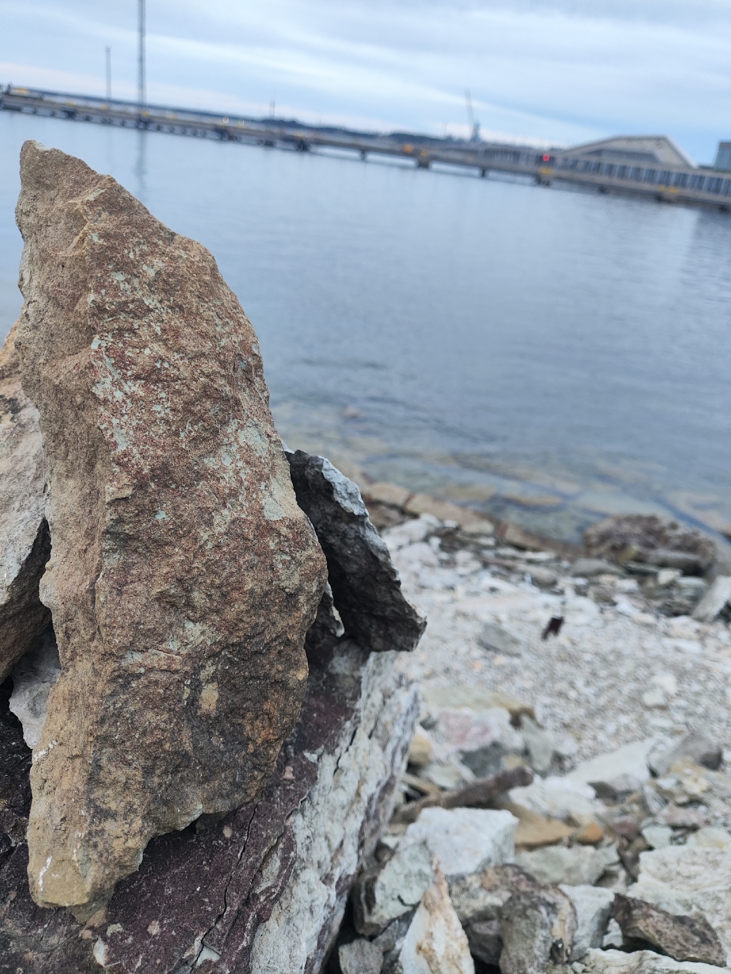 The image shows a close-up of rough, layered rocks in the foreground, with a body of water and a bridge structure in the background. The rocks are primarily earth-toned, with variations in color from light brown and tan to darker reddish-browns and some gray. The water appears calm and bluish-gray. In the distance, a long bridge with multiple supports spans across the water, and beyond that, buildings and industrial structures are visible. The sky is overcast, with muted light. The location is the Linnahall area of Tallinn, Estonia, known for its industrial heritage and waterfront views. The scene depicts a somewhat desolate, post-industrial landscape. There are no people or animals visible in the image.