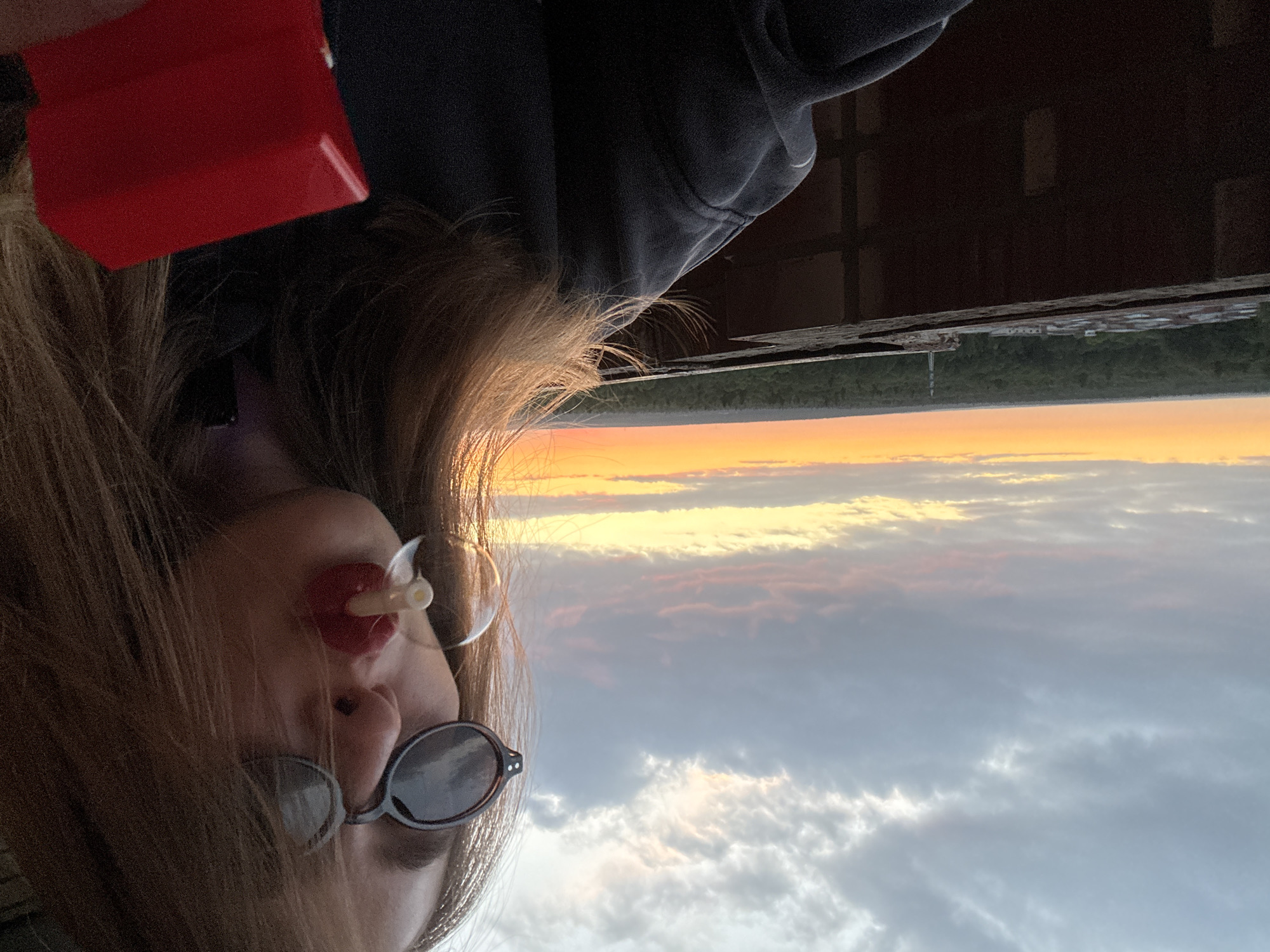 A medium shot captures a young woman with blonde hair and red lipstick, wearing sunglasses and a dark grey hoodie. She is outdoors at an elevated position, seemingly on a rooftop or balcony, holding a small red object in her right hand. She is blowing a bubble, with a thin straw visible in her mouth. The background features a sunset with a gradient of orange, yellow, and grey clouds, casting a warm glow over a dense forest and some buildings below. The foreground is dominated by a brick structure. The scene is set at an unknown location in an unknown city.