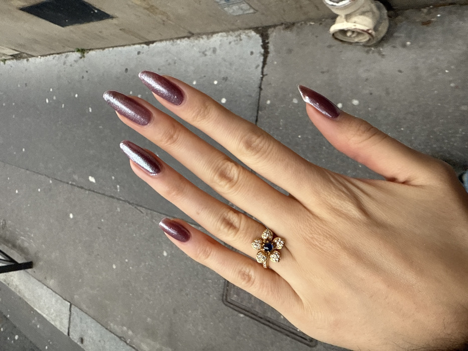 A close-up, high-angle photograph presents a human left hand extended, fingers subtly splayed, against an urban background. The hand displays long, almond-shaped fingernails coated in an iridescent, shimmering mauve-plum polish, which exhibits a distinct lighter, reflective stripe down the center of each nail. A gold-toned ring, designed as an eight-petaled flower with a central dark blue gemstone surrounded by smaller, clear stones forming the petals, is worn on the ring finger. The background consists of a textured, mottled gray asphalt or concrete sidewalk, showing minor irregularities and faint linear patterns. In the upper left background, a dark, vertical metal post or railing is partially visible. To the right, a light-colored, weathered stone or concrete building facade extends upwards, with a light-colored, capped utility fixture resembling a standpipe or hydrant positioned against it in the lower right. The scene is situated on a street in Paris, France.