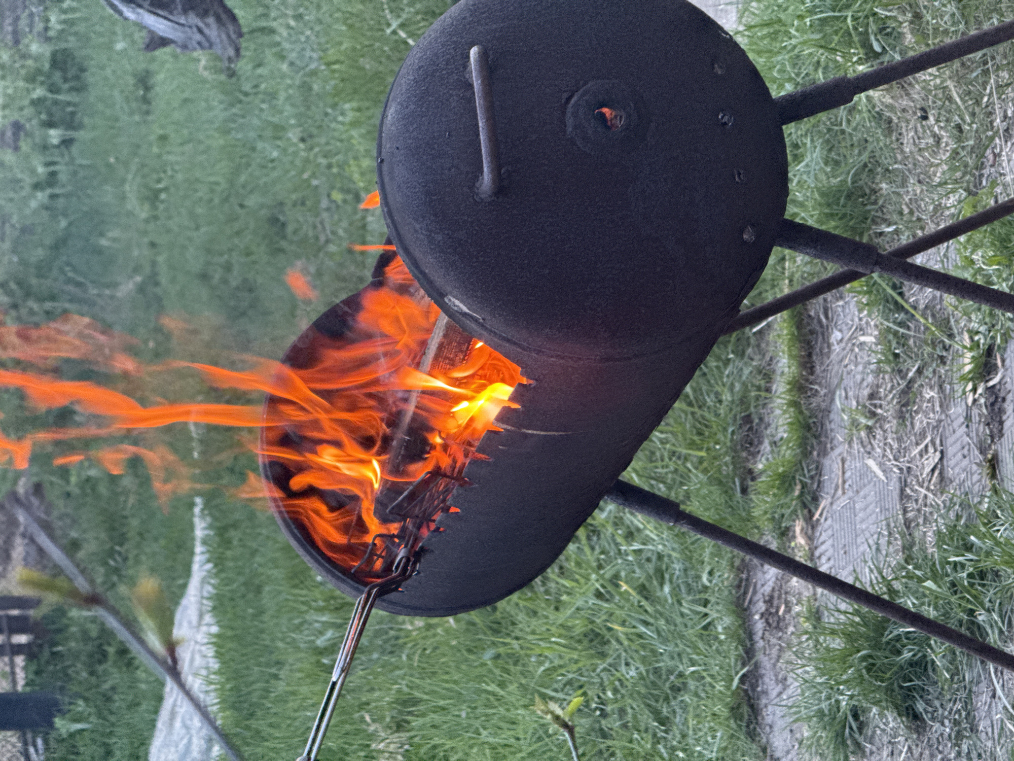 A side-view, eye-level shot depicts a black charcoal grill with vibrant flames emanating from inside. The grill is situated on a grassy area, with patches of bare ground visible. The grill's lid is partially open, and an object, potentially grilling tongs, is partially visible near the flames. The grill is supported by three thin, angled metal legs. A footpath or walkway runs along the ground adjacent to the grass. The location and city are specified as Chaikovsky, Russia.