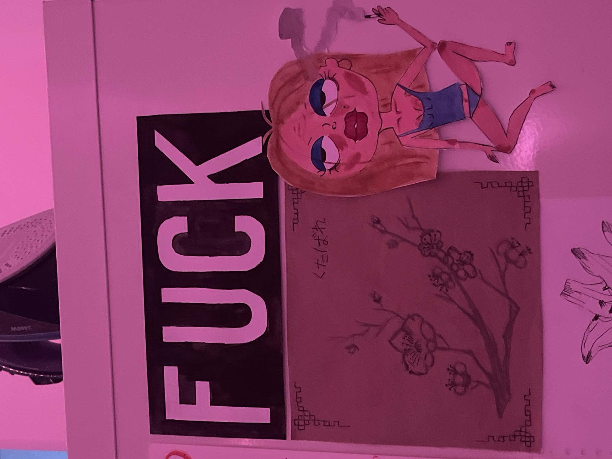 A close-up image shows a refrigerator door covered with various drawings and stickers. A black sign with white capital letters spelling "FUCK" is prominently displayed. Next to it is a drawing of a blossoming tree branch with traditional Japanese or Chinese corner motifs, and Japanese text vertically aligned alongside the trunk. Above these, a cartoonish drawing depicts a woman in lingerie, lying down and holding a cigarette, with smoke emanating from it. A partial view of what appears to be a clothes iron is visible on the left side of the frame. Lastly, a sketch of a flower, appears on the right edge of the frame. There are no indications to verify the location is in the city of Saint Petersburg, Russia.