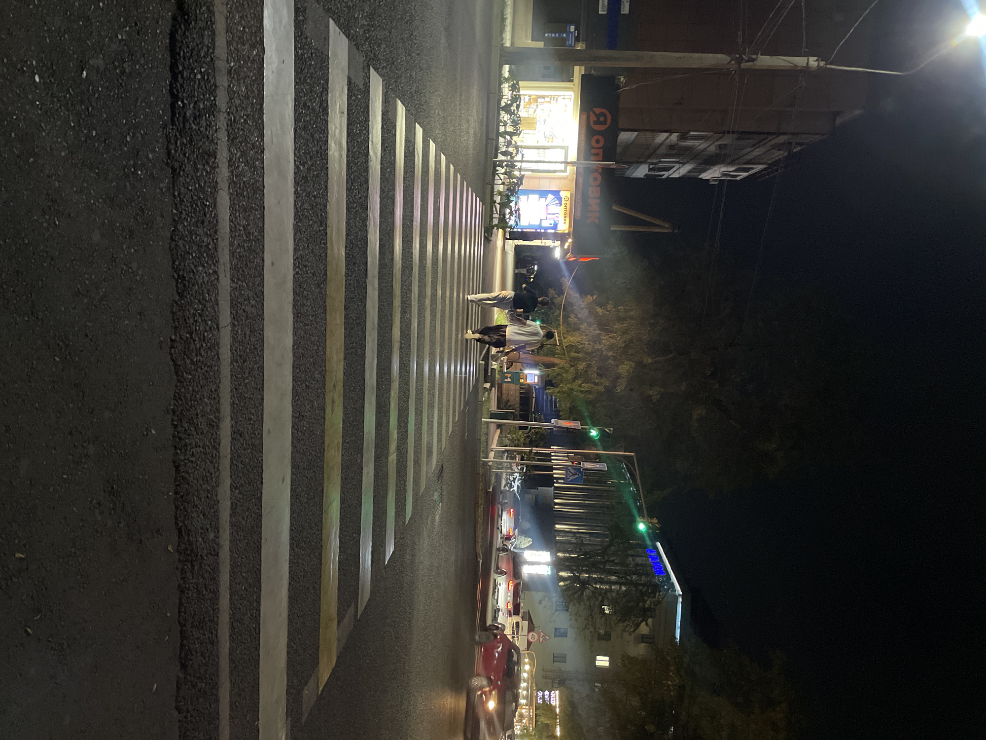 The image shows a night scene at a pedestrian crossing in Bishkek, Kyrgyzstan. Two individuals, a man and a woman, are walking away from the camera across the zebra stripes. The man is wearing a dark t-shirt and light-colored pants, while the woman is wearing a dark t-shirt and light-colored pants. To the left, a storefront with illuminated signage displaying "Я ОПТОВИК" is visible. In the background, a multi-story building and trees are present. Traffic lights are illuminated green, and several cars are driving on the road. The street is paved with asphalt, and the pedestrian crossing is marked with white and yellow stripes. The overall environment suggests an urban setting at night.