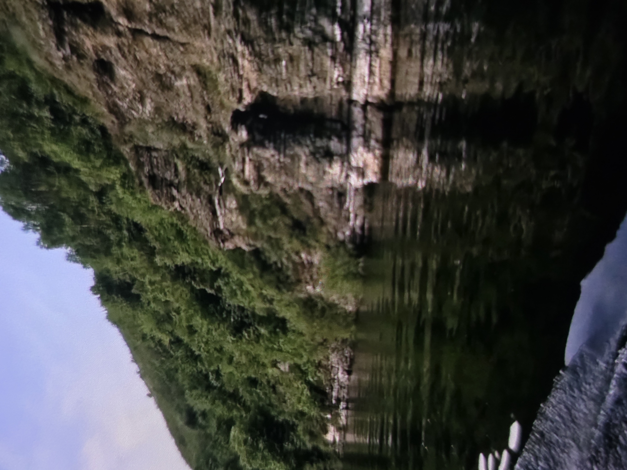 The image depicts a landscape with a rocky cliff face covered in lush green vegetation on one side, and a dark, reflective body of water on the other. The water mirrors the cliff and foliage, creating a distorted, rippled effect. The sky is a pale blue, suggesting daytime. The overall impression is one of a natural, tranquil scene, possibly a river or lake bordered by a steep, overgrown embankment. There are no visible people or man-made objects, and no text is present. The image's orientation is unusual, with the sky appearing at the bottom and the water at the top, indicating it may have been taken from a low angle or that the image itself has been rotated. Given the location context of Dubno, Ukraine, this could be a scene from a Ukrainian natural reserve or a picturesque riverside. The lighting suggests it is daytime, likely late morning or afternoon, with the reflective water capturing the ambient light. The weather appears to be clear and calm.