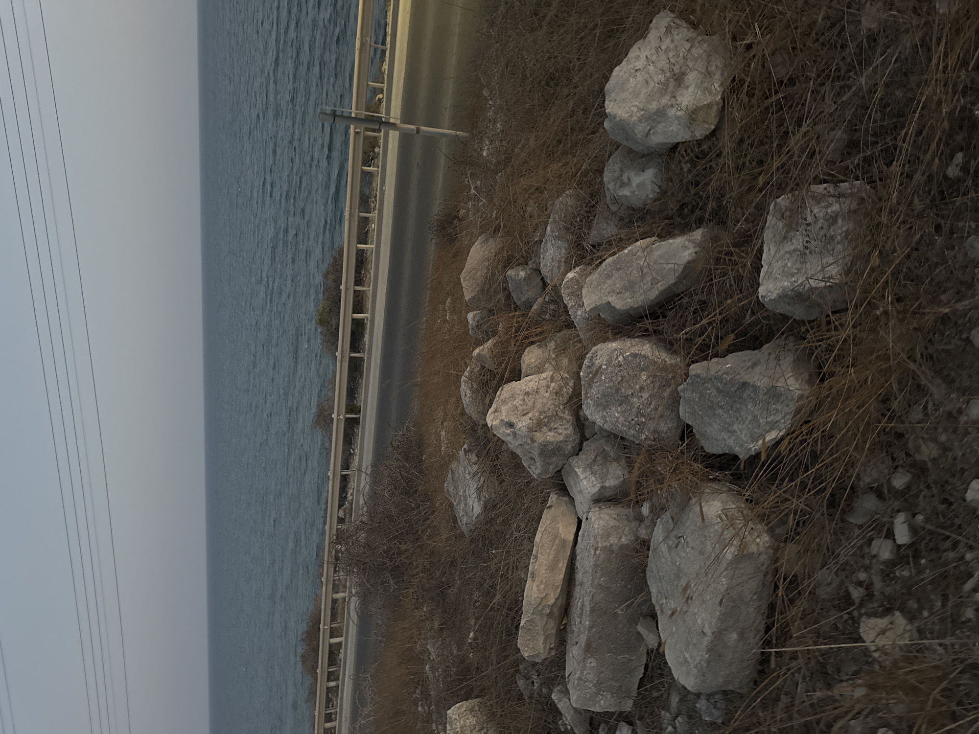 The image depicts a coastal roadside scene in the Agios Tychona Community, Cyprus, characterized by a quiet, overcast atmosphere. In the foreground, a cluster of large, irregularly shaped grey stones and rocks are scattered across dry, brown vegetation and tall grass. Some of these rocks appear to be rough-cut, suggesting they may have been placed or have fallen there. Behind the rocks, a paved road runs horizontally across the middle ground. A metal guardrail separates the road from a body of water to the left. The sea is calm with a rippled surface, reflecting the muted tones of the sky, which is a pale, hazy blue. A few thin, dark power lines are visible stretching across the upper portion of the frame. To the right of the road, a single, slender grey pole stands vertically. The overall impression is one of a somewhat desolate, undeveloped coastal edge. There are no people visible in the image.