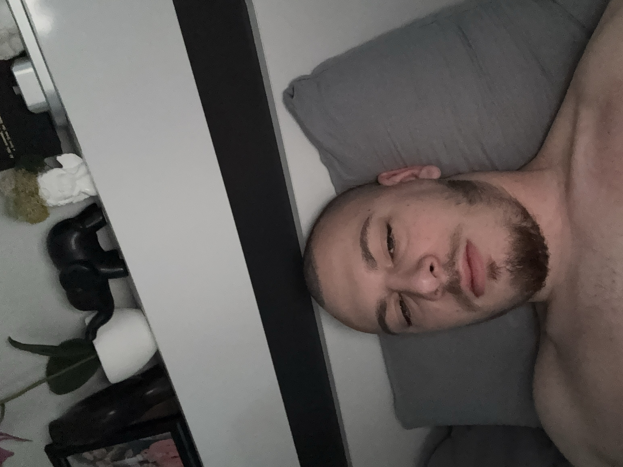A man is lying on a grey pillow in an indoor setting. He has short hair, a beard, and appears to be shirtless. To the left of the pillow is a white and black cabinet or wall unit. Items visible on the unit include plants, decorative objects, and a framed picture. The location is within a home or residential setting; however, the image lacks context to determine a precise location in Stara Zagora, Bulgaria.