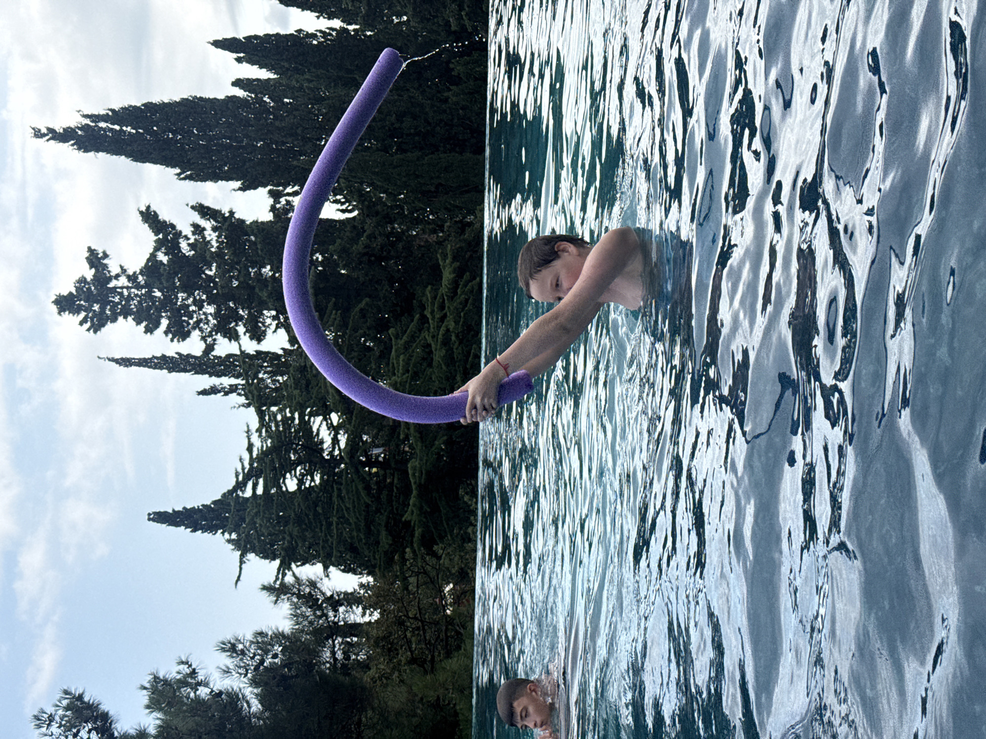 In an outdoor infinity pool, two young boys are engaged in recreational activity. The boy on the right, with short brown hair, is holding a curved purple pool noodle above the water with both hands. Water is dripping from the noodle. The boy on the left, with short dark hair, is partially submerged in the pool, looking towards the right. The pool is filled with clear blue water, and the surface is rippled. In the background, a dense line of tall, dark green cypress trees with pointed tops rises against a cloudy sky. The setting appears to be a tranquil outdoor environment, potentially a resort or private residence, located in or near the city of Yalta, Ukraine.