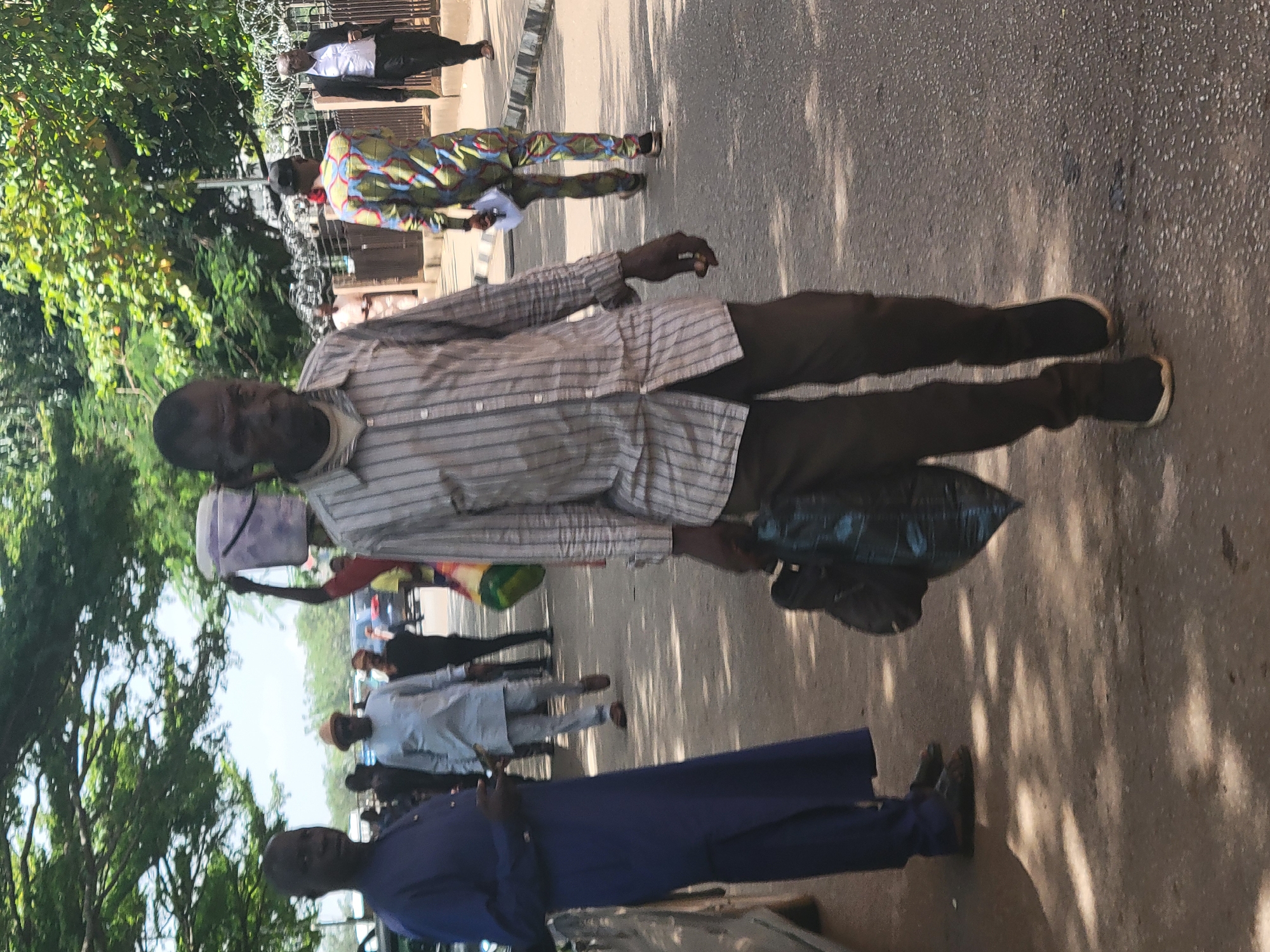 This daytime image depicts a busy street scene, likely in Abuja, Nigeria, characterized by strong sunlight and dappled shadows from overhead trees.
In the foreground, a man with dark skin, wearing a light-colored striped long-sleeved shirt, dark trousers, and dark sneakers, stands or walks along a paved road. He holds a dark, possibly leather, bag in his left hand. His face is visible, and he appears to be looking to his left.
Several other individuals are present in the midground and background. To the right of the foreground subject, a person wears a brightly patterned, multicolored long-sleeved top and dark pants. Further behind them, a man dressed in a dark suit jacket over a white shirt is visible near a fence with barbed wire. On the left side of the midground, another person is seen carrying a white bucket on their head, a common sight in the region, while wearing a light-colored garment. Further back, more people are visible, including one in a long, dark blue traditional garment (resembling an agbada) and another in a light-colored tunic and trousers, wearing a light-colored hat.
The setting is an outdoor, possibly urban or semi-urban, environment with a paved road. Lush green trees and bushes line the street, indicating natural vegetation. The presence of strong shadows suggests bright, clear weather conditions. The individuals appear to be going about their daily routines. No discernible text is visible anywhere in the image. The traditional attire and cultural practices evident among some subjects align with the provided location context of Nigeria.