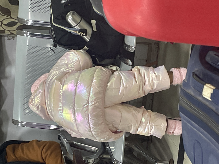The image, taken in Haldwani, India, captures a young child, likely a toddler or baby, sleeping or resting on a grey metal waiting bench. The child is dressed warmly in a shimmering, iridescent pink puffy snowsuit or jumpsuit, with matching pink furry boots or slippers on their feet. The reflective surface of the snowsuit shows hints of green, purple, and blue.
The scene appears to be an indoor public waiting area, possibly a station or airport, indicated by the style of the metal chairs with perforated backs, common in such locations. Various items of luggage are visible around the child: a black backpack with a silver thermos bottle attached is resting on the bench behind the child's head, a red object (possibly a bag or part of a seat) is in the upper right, and a blue suitcase or bag is in the lower right. A brown garment, perhaps a jacket or blanket, is visible on another chair or surface in the lower left foreground.
The child's peaceful posture suggests they are asleep, making the overall mood calm. While the exact time of day and weather are not discernible, the child's heavy, warm attire implies either cold conditions or preparations for travel to a colder climate. No visible text is present in the image.