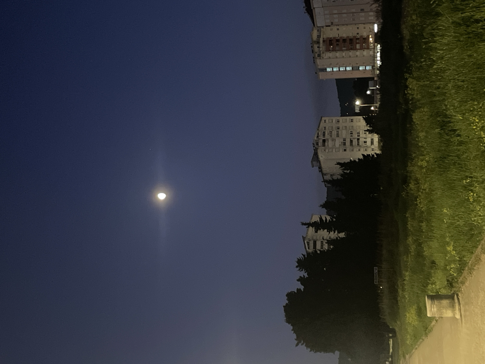 The image depicts a night scene in Bar, Montenegro. The sky is a deep blue, with a visible moon. Along the right side of the frame, there is a green area with tall grass and trees. Buildings are visible in the background, appearing as tall, light-colored structures. A sidewalk runs along the edge of the green area. The overall scene suggests an urban or suburban environment at night.