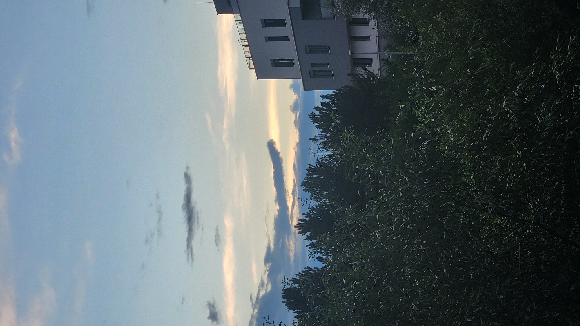 The image depicts a cloudy sky over a residential building and trees in Prešov, Slovakia. The sky is a light blue with scattered grey and white clouds. A horizontal band of lighter sky, possibly indicative of sunset or sunrise, is visible near the horizon. In the middle ground, a modern, multi-story building with a grey facade and balconies is partially visible on the right side. In front of the building and stretching across the lower half of the image are dense green trees, some appearing as evergreens and others as deciduous foliage. The lighting suggests it is either early morning or late evening. There are no people visible in the image.