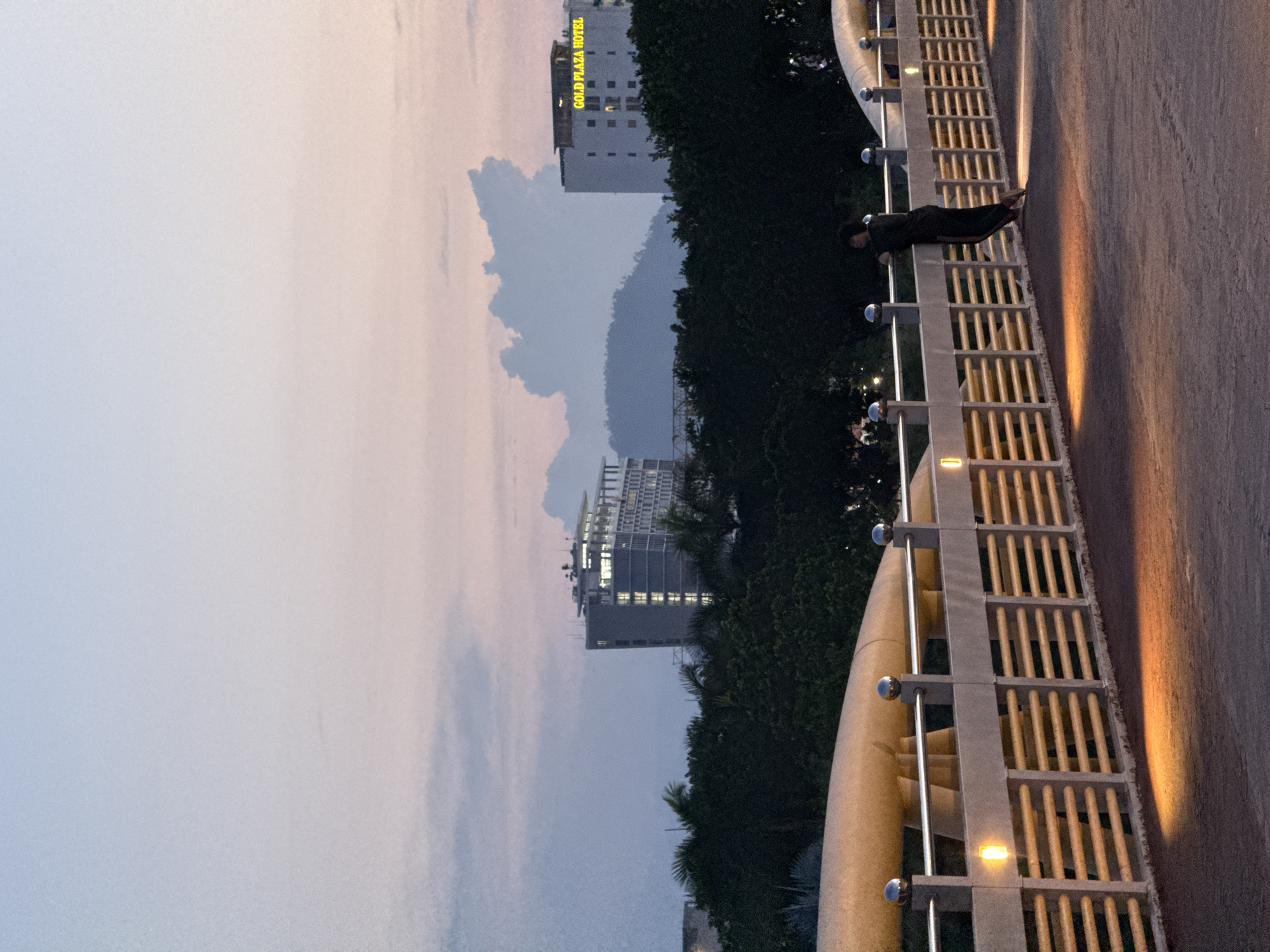The image captures a serene dusk scene on a pedestrian bridge in Da Nang, Vietnam. In the foreground, a person stands leaning on the bridge's railing, gazing towards the city skyline. The bridge itself features a concrete structure with horizontal yellow slats and metal railings topped with spherical finials. Small, illuminated lights line the railing, casting warm pools of light onto the walkway. In the background, lush green trees form a dense canopy, behind which several buildings rise. One prominent building is labeled "GOLD PLAZA HOTEL" in illuminated yellow letters. The sky displays a gradient of soft blues and pinks, characteristic of twilight, with a few wispy clouds present. The overall atmosphere is peaceful and contemplative.