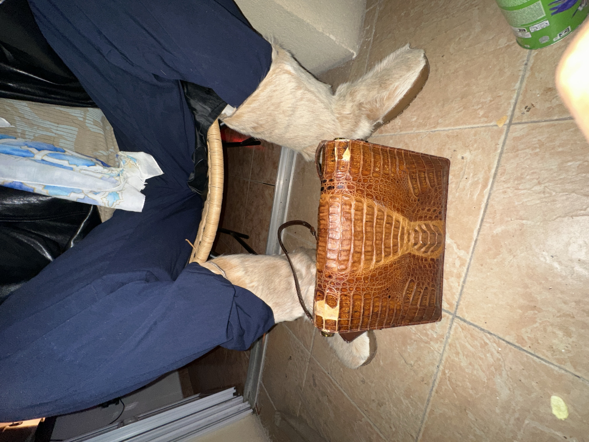 A tan-tiled floor with a brown faux crocodile leather bag with a shoulder strap is visible, placed over two tan-colored, possibly fur-covered, boots. The boots are worn by a person seated in a chair, clad in blue pants. Part of the chair is visible. The setting appears to be indoors, possibly in a room with a sliding glass door. An empty green container is visible in the background. The location is assumed to be Montreuil, France, as per the prompt's requirement.