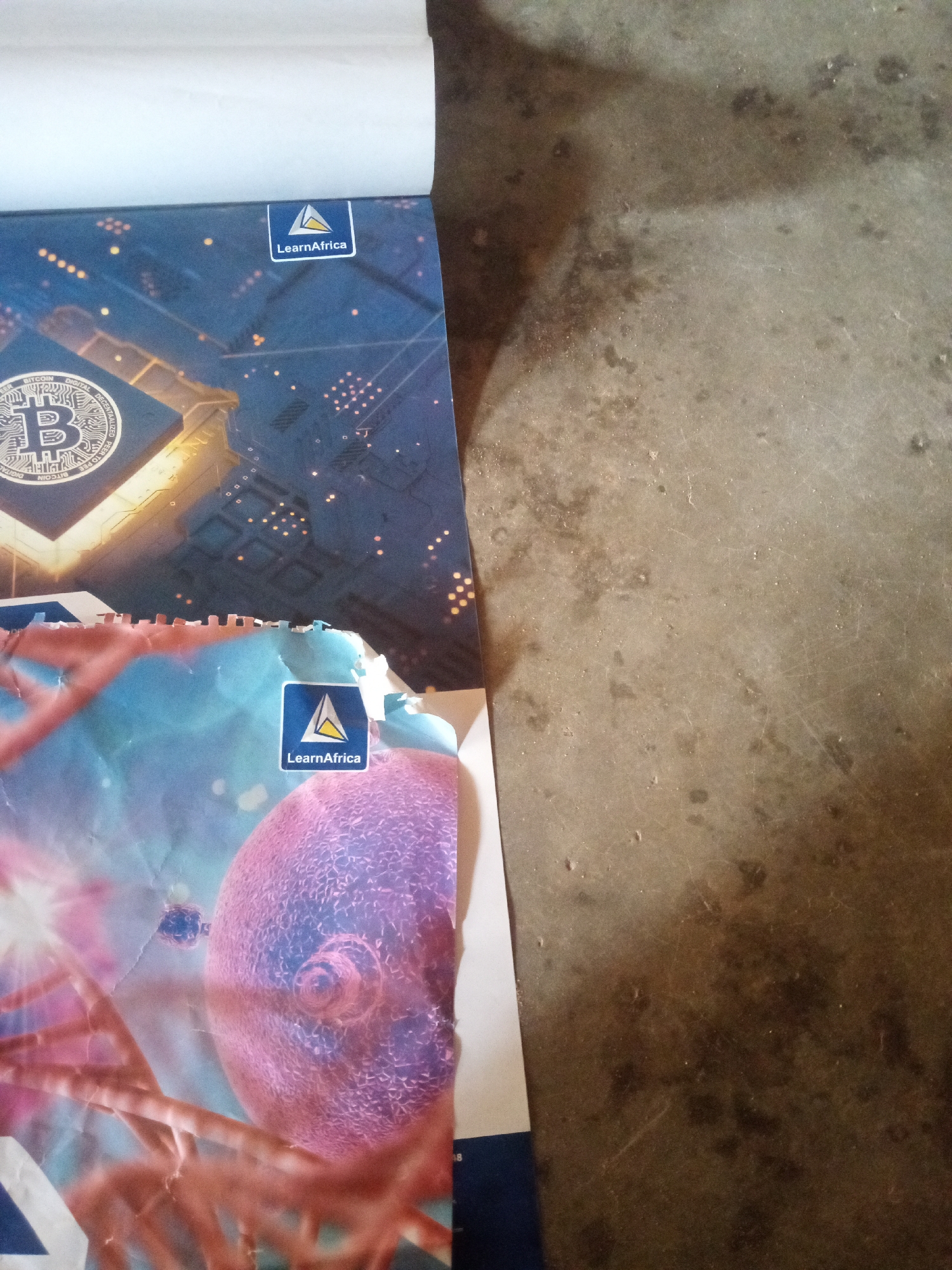 The image displays two partially visible covers of books or notebooks. The top cover features a dark blue background with a digital circuit board design and glowing orange dots. A prominent symbol, "B" with "BITCOIN" and "DECENTRALIZED" inscribed around it, is visible. A logo with a blue triangle and yellow accent, reading "LearnAfrica," is placed in the top right corner.
The bottom cover, which is torn and creased, shows a vibrant illustration with a light blue and pink color palette. It depicts microscopic imagery, possibly cells or genetic material, with intricate patterns and structures. A pink, spherical object with a detailed, textured surface is a central element. A smaller, dark spherical object floats in the background. This cover also features the "LearnAfrica" logo, this time in a blue square with a white triangle and yellow accent, positioned on the lower right side.
The background is a textured, concrete surface with dark splotches and a lighter, dusty appearance, suggesting an indoor or outdoor setting with a weathered floor. The lighting is uneven, with a bright area on the left and a dimmer, shadowed area on the right. No people are visible in the image. The overall impression is one of educational materials displayed on a rough surface, possibly in a classroom or storage area. The presence of the "LearnAfrica" logo and the Bitcoin imagery suggests educational content related to finance or technology. The location context provided is Jalingo, Nigeria.