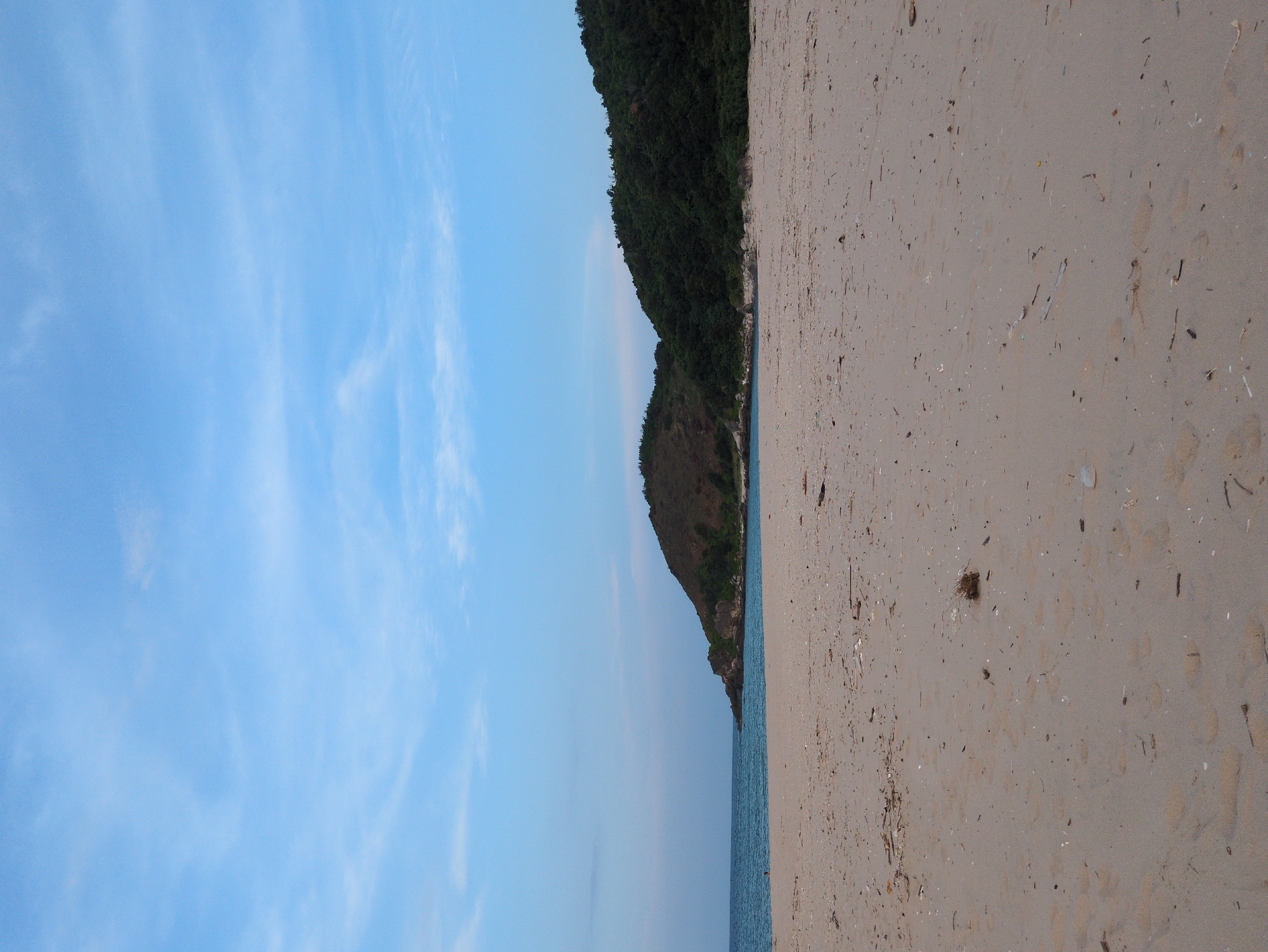 The image depicts a serene beach scene, likely within Hoành Sơn Ward, Vietnam. A wide expanse of light brown sand stretches across the foreground, scattered with small shells, twigs, and other debris. Gentle waves of turquoise water meet the shore, leading the eye to two tree-covered hills in the distance. The larger, left hill is dominated by sparse brown vegetation, while the right hill is densely covered in dark green trees. The sky above is a pale blue, streaked with wispy white clouds. There is a solitary, faint human figure visible in the water on the far left of the image. The overall impression is one of a peaceful, natural coastal environment.