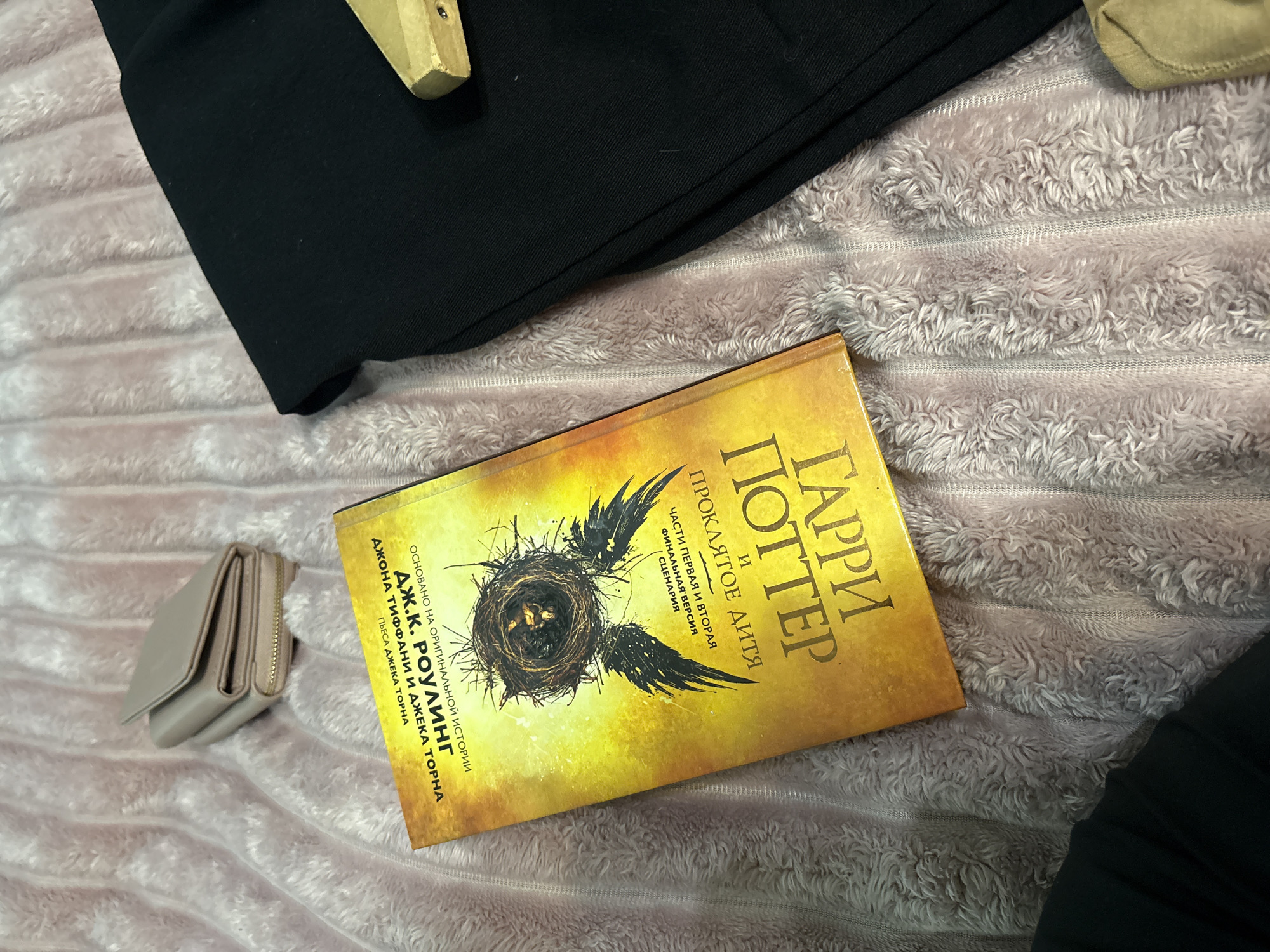 The image shows a book titled "Гарри Поттер и Проклятое Дитя" (Harry Potter and the Cursed Child), the Russian version, resting on a soft, light pink, plush blanket with horizontal lines. A light-colored wallet sits to the left of the book. A black garment or cloth lies partially on the blanket, near the upper left of the frame. A small, possibly wooden or metallic object is partially visible in the upper left corner. The scene appears to be indoors. There is no information in the image to indicate that it is located in Vsevolozhsk, Russia.