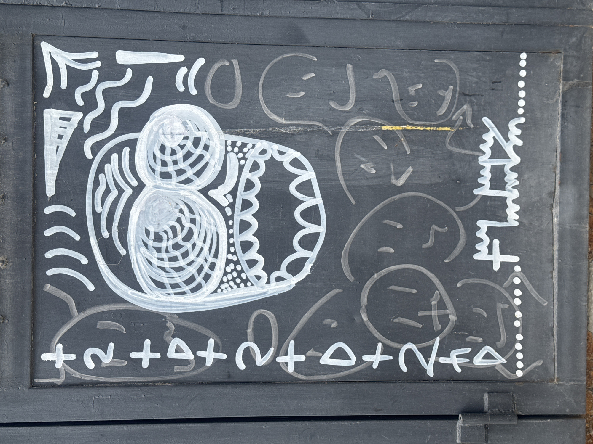 A chalk drawing on a black painted wooden surface, possibly a door or panel, displays a range of symbols and stylized figures. The artwork is primarily in white chalk.
In the center-left, there is a drawing of a pair of spheres with lattice patterns, resembling a molecular structure or a stylized depiction of organic forms. Around these spheres, wavy lines and scalloped edges give a decorative feel.
Above and to the left of the spheres are angular shapes and squiggly lines. To the right, there are multiple cartoon-like faces, some within circles. Below the central image, mathematical or symbolic notations are written, featuring plus signs, tildes, deltas, and other shapes, forming a pseudo-equation.
The drawing is contained within the boundaries of the black surface. The presence of a hinge at the bottom right suggests that the surface is a door.
The scene is in Tel-Aviv, Israel. The specific location in the city is undetermined. The image suggests a street art context.