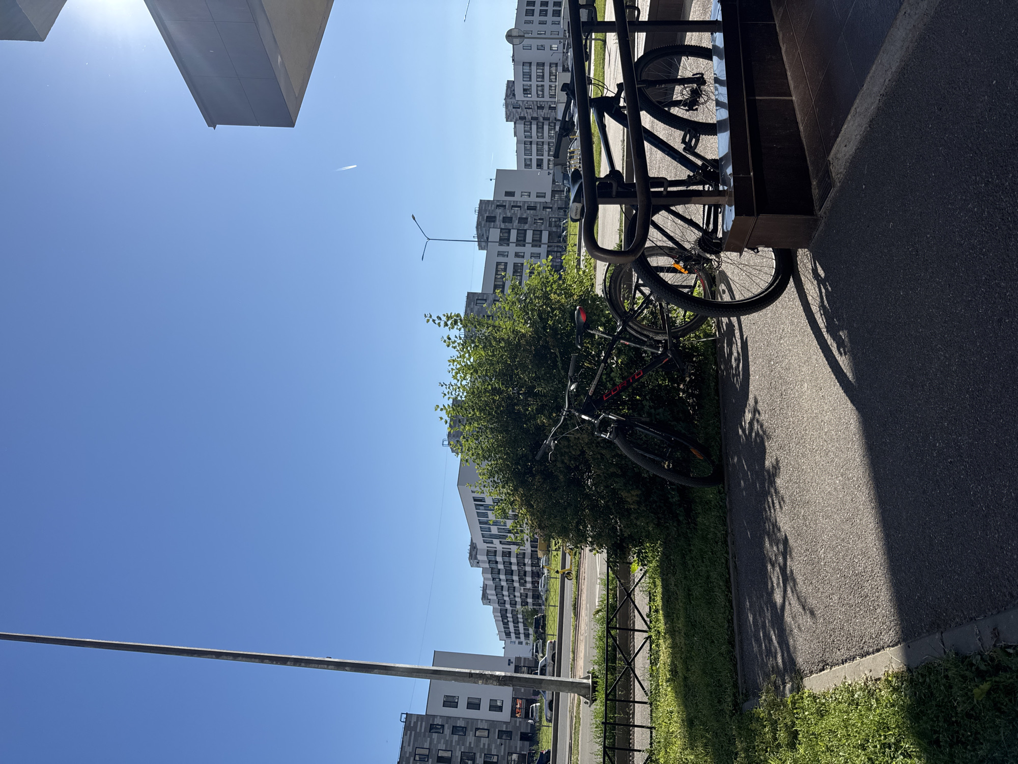 The image depicts a sunny day in Saint Petersburg, Russia, near a modern residential complex. In the foreground, two bicycles are parked, one black and red, the other black. They are situated on a paved walkway next to a patch of green grass and a low black metal fence. Behind the fence, a dense green bush stands out against a backdrop of multi-story white apartment buildings with dark window frames and balconies. The buildings are arranged in a row, indicating a well-planned urban environment. A tall, slender lamppost is visible on the left side of the frame. The sky is a clear, bright blue with a faint contrail from an airplane visible in the distance. The sun is high in the sky, casting distinct shadows from the bicycles and the foliage onto the walkway. A portion of a building with a grey overhang is visible on the right, adding to the urban context. There are no people visible in the image. The overall scene conveys a sense of a quiet, ordinary day in a contemporary urban setting.
