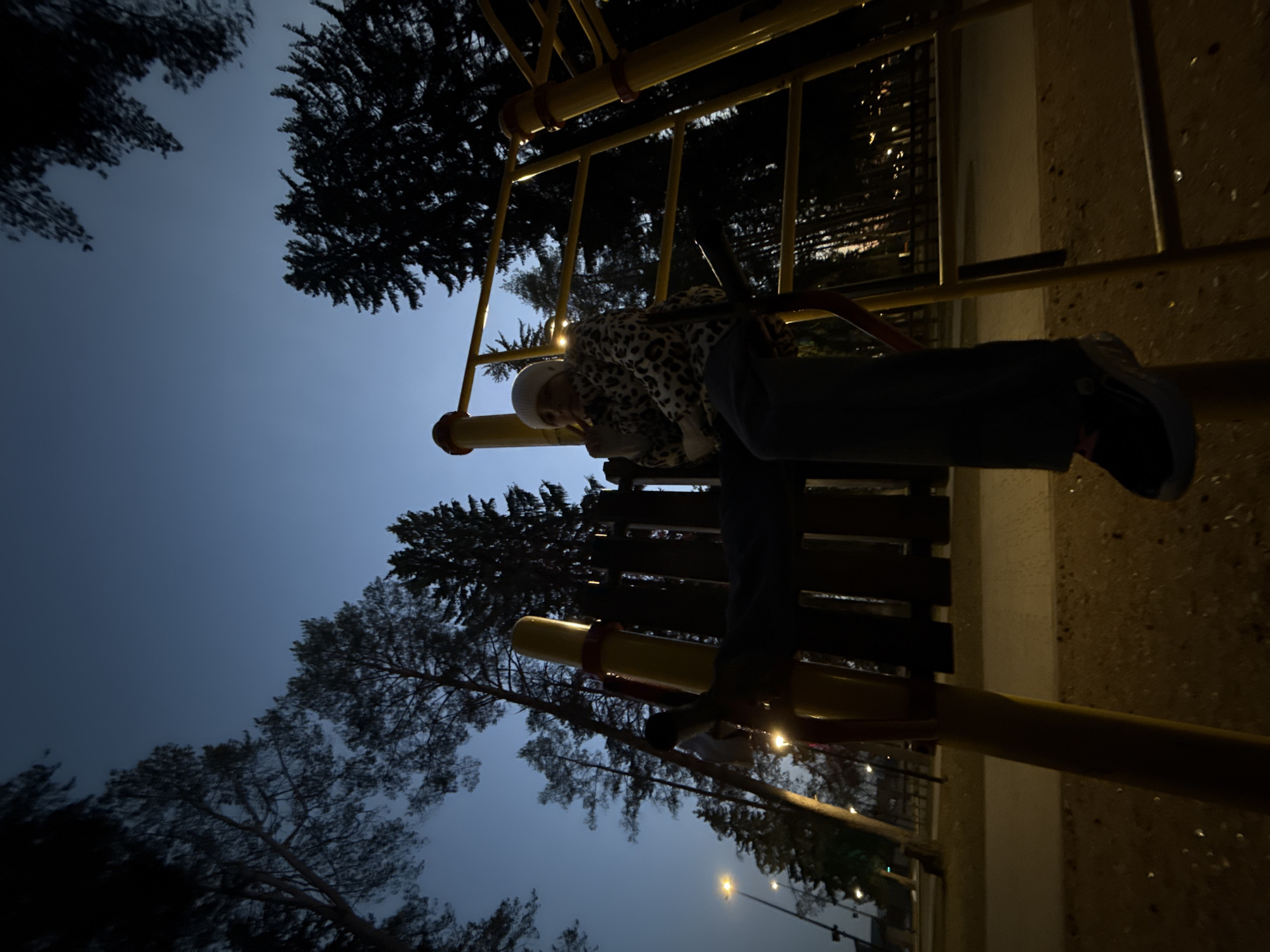 The image captures a person hanging or leaning from a set of yellow monkey bars in an outdoor setting, likely a playground or park, at night or during late twilight. The subject, wearing a leopard-print jacket and a white beanie, is positioned in the upper center of the frame, looking towards the camera. Their body is angled, with one hand holding onto a bar, giving the impression of an inverted or sideways pose.
The playground equipment is robust, featuring bright yellow bars with red connecting elements, illuminated by ambient light. In the background, dark, silhouetted trees with visible branches dominate against a deep blue-grey sky, indicating the low-light conditions. Scattered artificial lights, appearing as faint glows or distant streetlights, are visible further in the background, adding to the nighttime ambiance. The ground beneath the structure is a dark, textured surface, possibly gravel or a specialized playground material. The overall scene suggests a casual and playful moment captured under the evening sky in Votkinsk, Russia. There is no visible text in the image.
