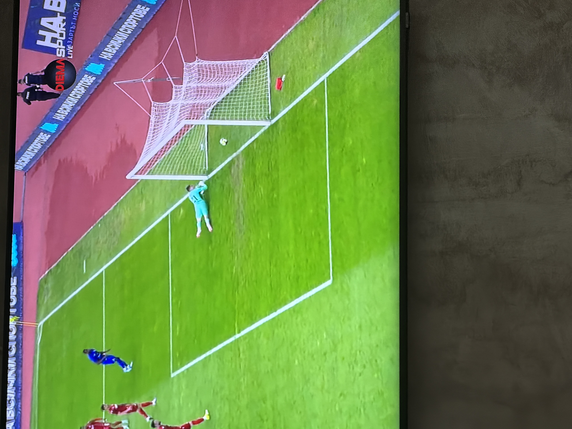 The image shows a soccer game. A goalkeeper in light green attire stands in the goal, while players in red and blue jerseys are on the field. A white net is visible above the goal. Advertising signs are present above the field. The event is happening in Plovdiv, Bulgaria.