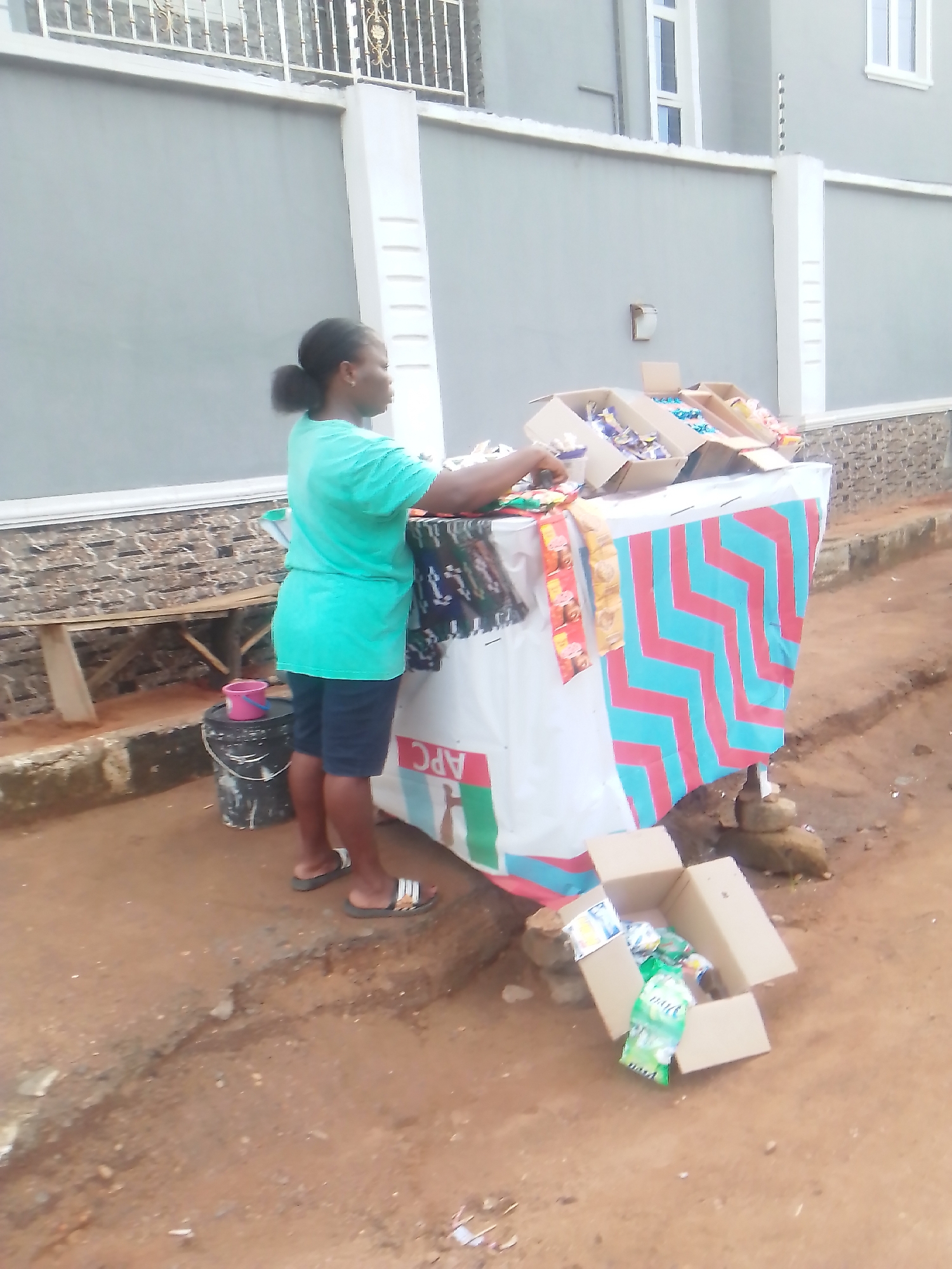 A woman stands at a small, makeshift market stall on a dirt road in Unknown, Unknown. She is wearing a green shirt and dark shorts, with her hair pulled back in a ponytail. The stall is covered in a white fabric with a red and blue zigzag pattern and also features a political advertisement. The top of the stall holds several open cardboard boxes filled with various items, presumably for sale. To the side of the stall, there is a black bucket with a pink object on top, and on the ground nearby, another open cardboard box contains additional merchandise. The backdrop of the scene shows a light grey building with white trim.
