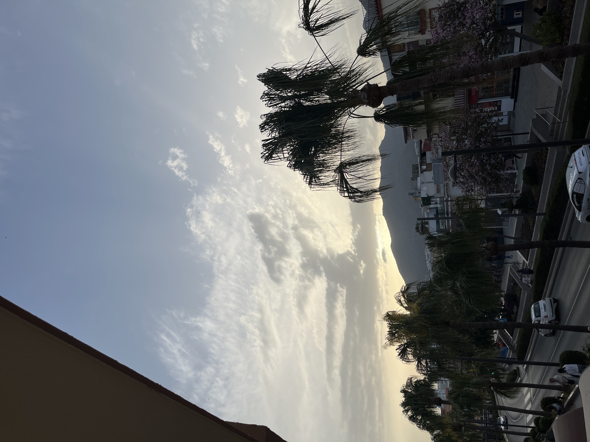 The image shows a view in Arroyo De La Miel-benalmadena Costa, Spain. The sky is filled with white and gray clouds. Palm trees line a street with traffic. A mountain range is visible in the distance. Buildings are seen behind the palm trees. A rooftop is visible in the foreground.