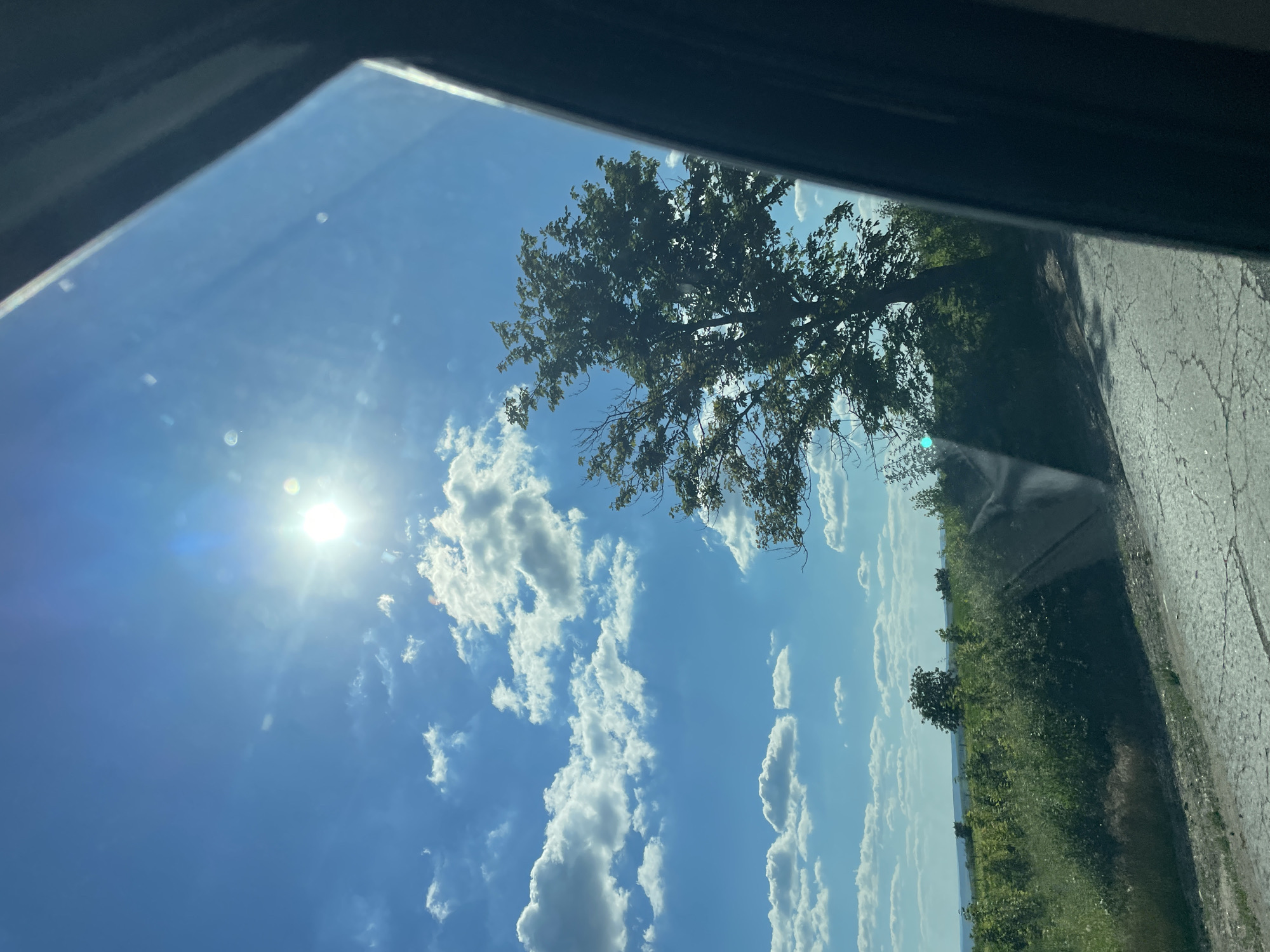A tree stands on the right side of a cracked asphalt road, casting a shadow on the ground. The road curves to the right, leading towards a vast, green field. In the distance, a line of trees marks the horizon. The sky is a brilliant blue, dotted with fluffy white clouds, and the sun shines brightly, creating lens flare. The image appears to have been taken from inside a vehicle, with the dark interior of the car visible on the right side of the frame. The scene is set in Peresecina, Moldova.