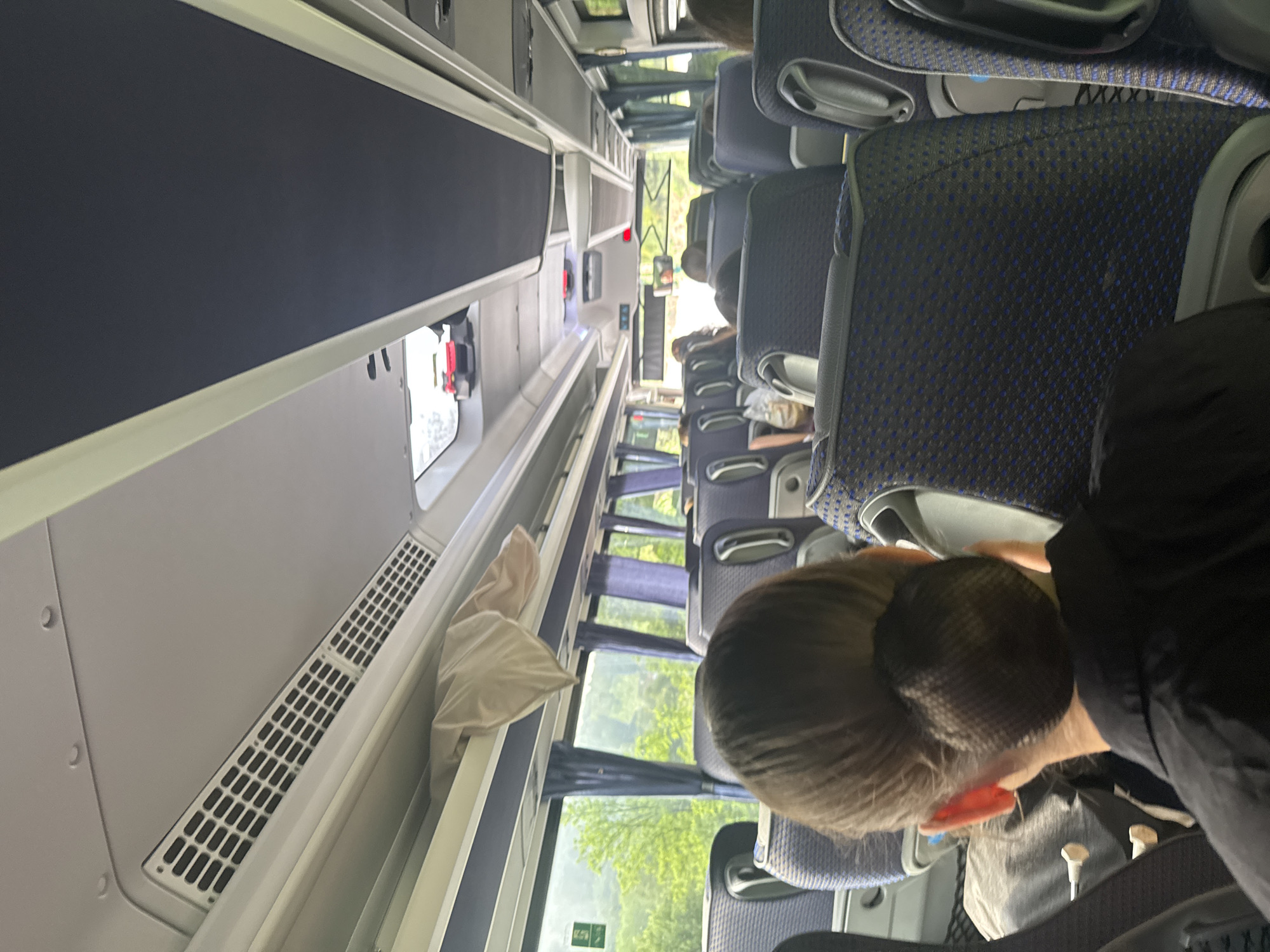 The image displays the interior of a passenger bus, observed from a rear-facing perspective, traversing or stopped within the region of Boichovtsi, Bulgaria. In the foreground, the back of a person's head and shoulders are visible; the individual has brown hair styled into a tightly secured bun with a dark mesh hairnet and wears a dark, likely black, collared shirt. The bus interior features multiple rows of passenger seats upholstered in a patterned blue and black fabric, equipped with grey frames and armrests. The ceiling comprises light grey panels with integrated air vents, while a central section of the ceiling is covered in a dark blue material. Large windows line both sides of the bus, partially adorned with drawn blue curtains, offering a view of a lush green, tree-filled landscape outside, consistent with a rural or natural environment during daylight hours. A light-colored piece of fabric, possibly a blanket or clothing, is positioned on an overhead storage shelf above the windows on the left side of the bus. Towards the front of the bus, a roof-mounted hatch or skylight is visible, containing red elements. Multiple other passengers are seated further down the aisle, primarily seen from behind; their specific features and activities are not discernible. A rearview mirror is mounted near the front of the bus. No direct interactions between individuals are apparent.