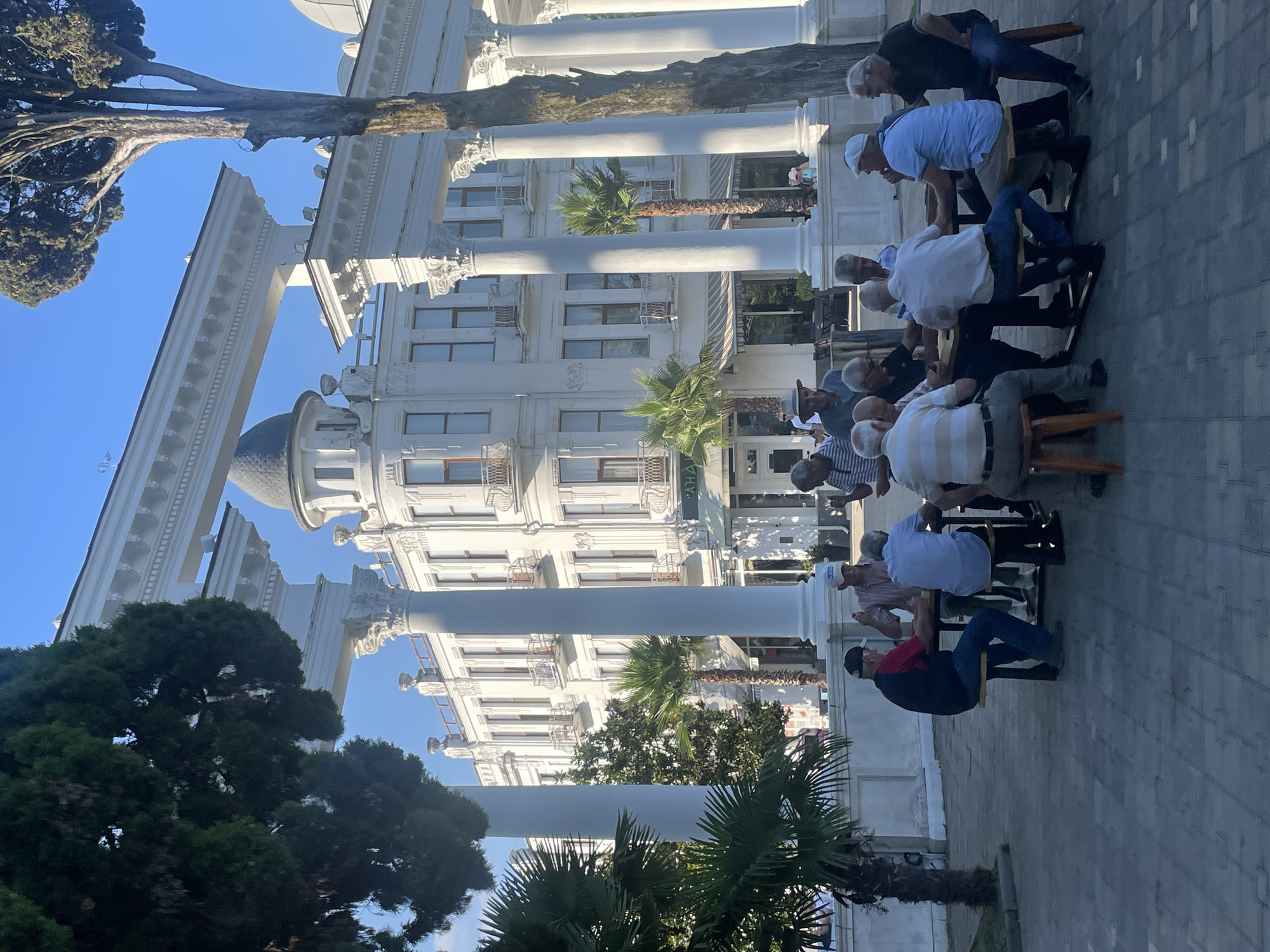 In Sokhumi, Abkhazia, a group of elderly men are gathered around a table, playing a board game in an outdoor setting. The scene is dominated by a grand white building with classical architectural features, including columns, arches, and balconies. Palm trees and other lush greenery surround the building, suggesting a warm climate. The men, dressed in casual attire, appear engaged in their game, with some leaning forward and others observing. The atmosphere seems relaxed and social, with the bright sunlight indicating it is daytime. The ground is paved with square tiles.