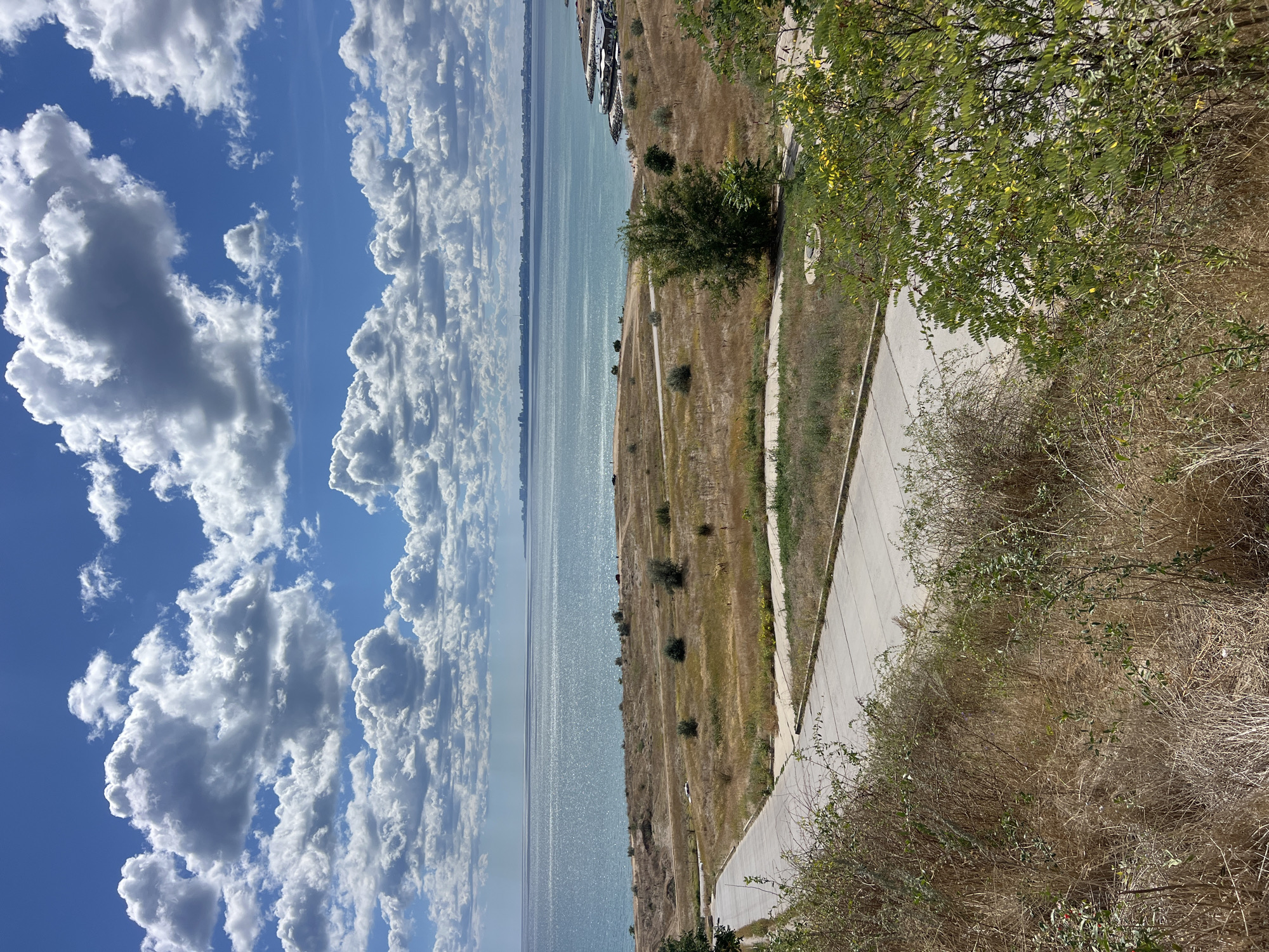 This is a landscape photograph taken from an elevated viewpoint, looking out over a body of water towards a distant city skyline. The image is oriented vertically.
The foreground is dominated by dry, yellowed grass and bushes, with a paved pathway winding diagonally from the bottom right towards the upper left. Some green foliage from a tree is visible in the upper right corner.
The middle ground features a wide expanse of shimmering, light blue water, likely a sea or large lake. Along the far edge of the water, a faint city skyline is discernible. Boats are docked in a marina on the right side of the water. The terrain between the pathway and the water is dry and grassy, dotted with a few small, dark green bushes.
The background is a vast blue sky filled with dramatic, fluffy white clouds. The sunlight glints off the water, suggesting a bright, sunny day.
There is no visible text in the image. The overall impression is one of a scenic, somewhat arid coastal environment on a clear day, likely during daylight hours. The location context of Fontanka, Ukraine, suggests this could be a view of the Black Sea.