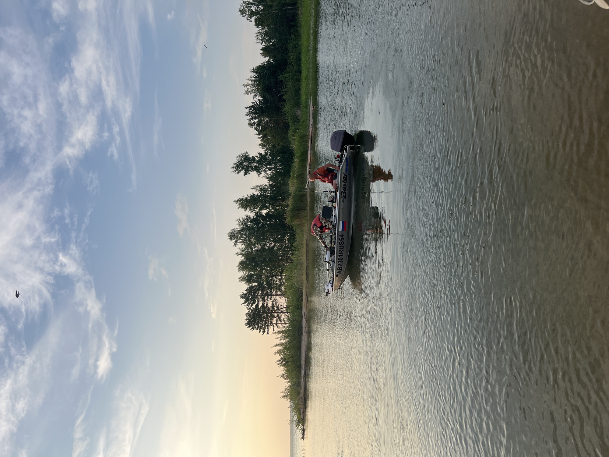 The image shows a tranquil scene on a body of water in Borovoe, Russia, likely during the late afternoon or early evening, given the soft, warm light and the presence of wispy clouds. The sky is a pale blue with streaks of white clouds, suggesting fair weather.
The main subjects are two people in a small motorboat. They are wearing life vests, indicating a focus on safety during their activity. One person is standing, possibly operating the boat or tending to equipment, while the other is seated. The boat itself is a silver aluminum vessel with an outboard motor at the stern. Visible text on the boat reads "AB2301RUS54" and what appears to be "Beste" followed by "LOWRANCE". The boat is positioned on the water near the shoreline.
The setting is a calm, wide expanse of water reflecting the sky and the surrounding environment. The shoreline is densely lined with trees and reeds, suggesting a natural, possibly forested area. A few birds are visible in the sky, adding to the natural ambiance. The overall mood of the image is peaceful and serene, capturing a moment of leisure or work on the water. The water has a gentle ripple, indicating minimal wind. The water color is a muted gray-brown, common for freshwater bodies.
