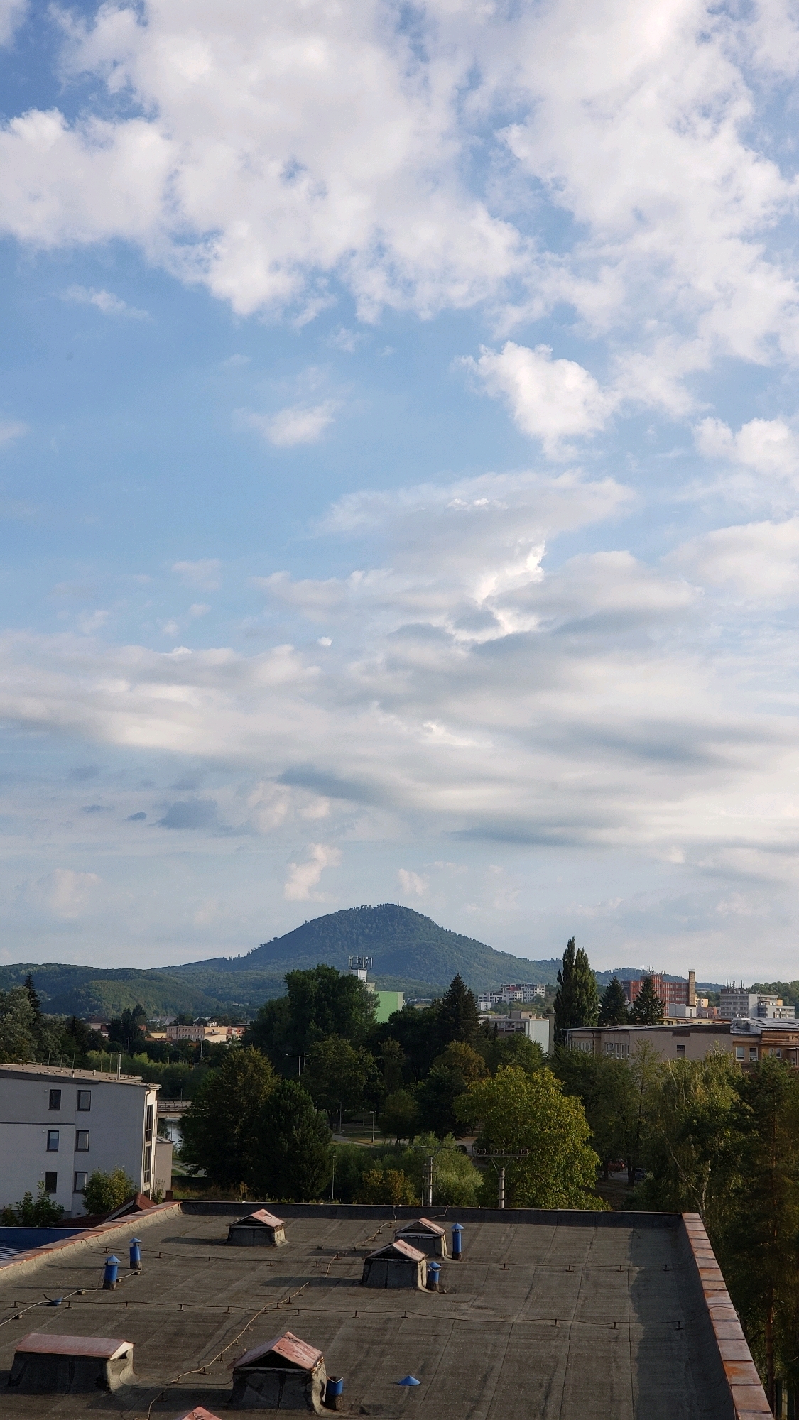 The image is a vertical, wide-angle shot capturing a city landscape dominated by a large, conical, tree-covered hill in the background. The sky is partly cloudy with scattered white cumulus clouds against a light blue background. In the mid-ground, a city is visible with buildings of various heights and architectural styles, including apartment blocks and what appears to be a factory or industrial complex with a prominent green structure. Numerous trees, ranging from deciduous to evergreen, are interspersed throughout the urban area and on the lower slopes of the hill. In the foreground, the flat, dark-grey tarred roof of a building is visible, featuring several ventilation shafts and skylights. One building on the left side of the frame is light grey and has multiple windows arranged in rows. The overall scene depicts a suburban or semi-urban environment with a prominent natural landmark. Based on the prominent hill, which is likely the Zlatá Baňa volcano, the location is the city of Prešov, Slovakia. There are no people or animals visible in the image.