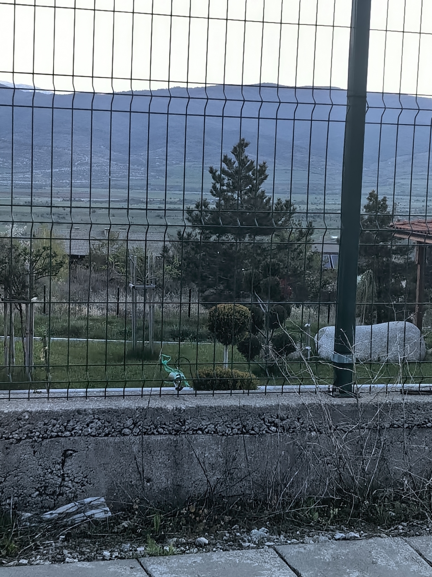 The image depicts a view through a wire fence, with a concrete wall in the foreground. Beyond the fence lies a landscape featuring trees, grass, buildings with tiled roofs, and distant mountains under a somewhat overcast sky. A garden hose reel is visible on the ground behind the fence. A large, smooth rock, possibly a decorative element, is situated to the right of the garden hose reel. Dry twigs and foliage are present between the concrete wall and the sidewalk in the immediate foreground. The city and specific location are unknown.