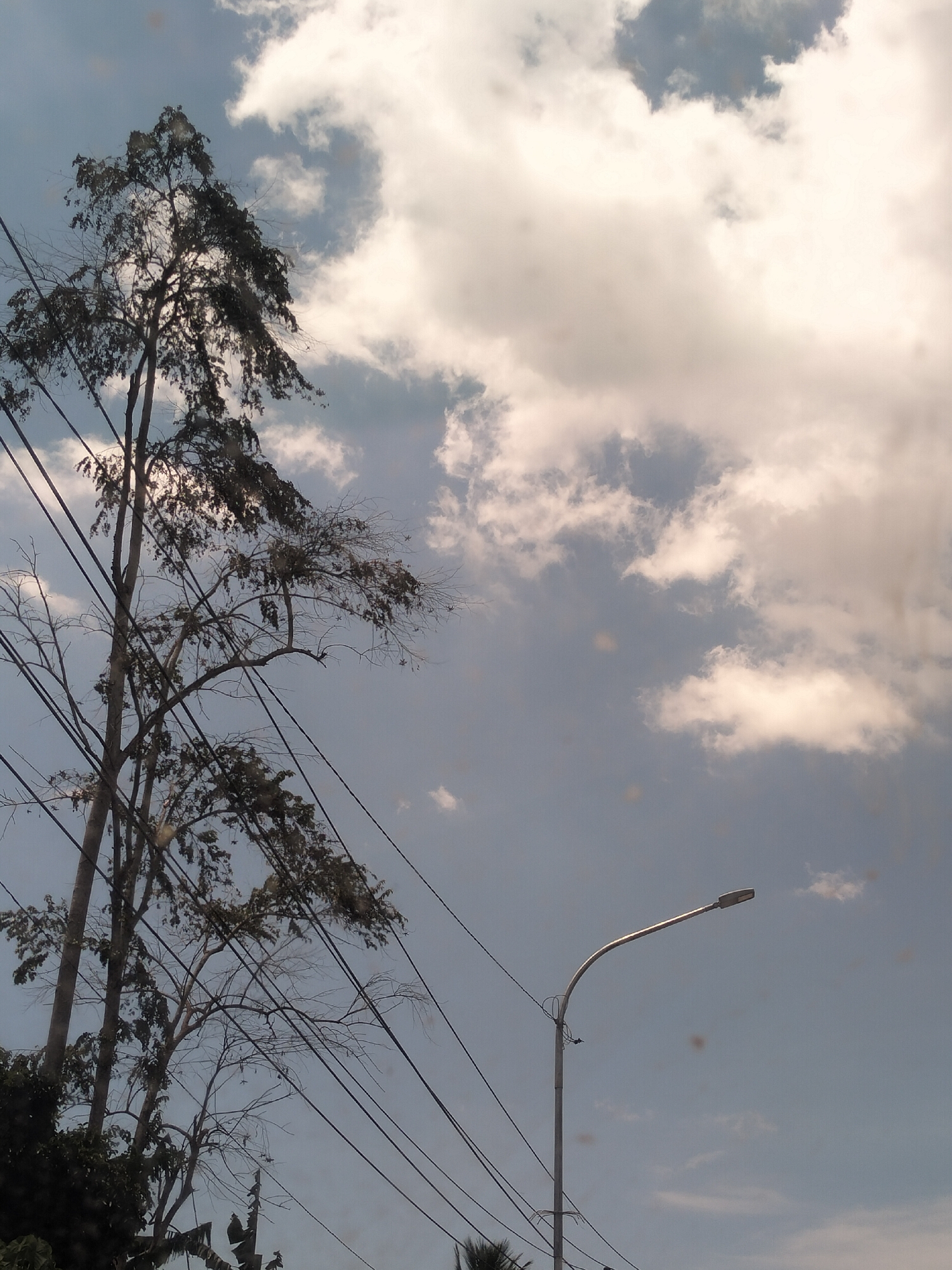 The image shows a partly cloudy sky above Putoh Sa, Indonesia. A tall, partly leafless tree stands to the left, with numerous electrical wires running through its branches. To the right is a streetlight against the blue sky. Vegetation is visible at the bottom of the image.