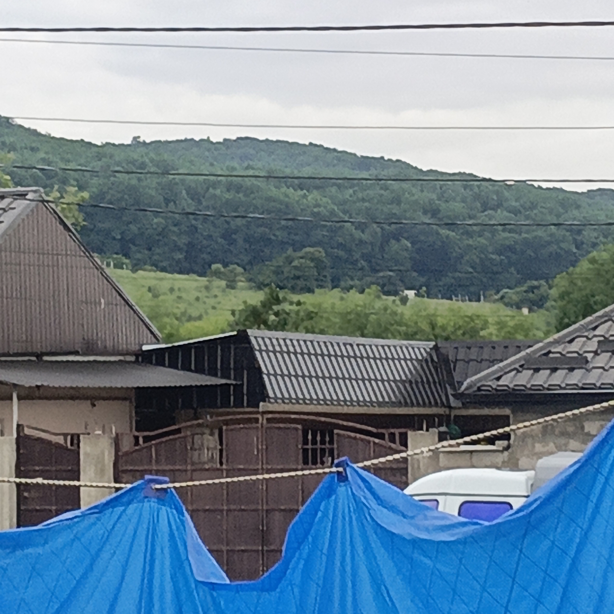 The image depicts a residential area with several structures and natural elements. In the foreground, a large blue tarp partially obscures a section of the scene, creating a sense of enclosure or covering. Behind the tarp, a chain-link fence is visible, with a thick rope or cable strung across it. Beyond the fence, there are buildings with dark, tiled roofs and corrugated metal siding. One building has a brown, corrugated metal roof, and another has a dark tiled roof with a visible pattern. A white vehicle with blue-tinted windows is parked behind the fence. The middle ground features more buildings and a brown, metal gate with decorative bars. In the background, a lush green hillside covered in dense trees rises under a cloudy sky. The overall impression is a quiet, perhaps rural or semi-rural, residential setting. The image appears to be taken in Kenzhe, Russia, given the context provided. There are no people visible in the image.