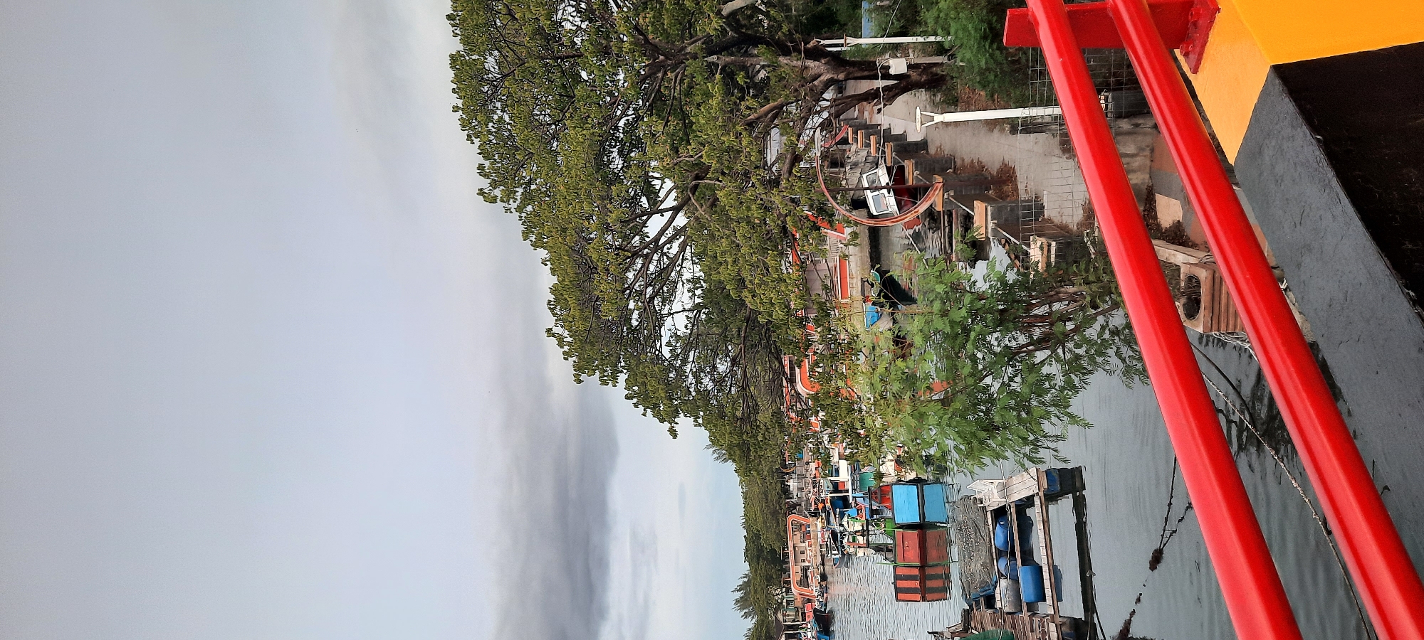 This is a photograph taken from a bridge overlooking a harbor filled with fishing boats in Banda Aceh, Indonesia. The sky is overcast and grey, with some dark clouds present, suggesting the possibility of rain. The harbor is teeming with numerous small to medium-sized fishing vessels, many of which are brightly colored with orange, blue, and red accents. Some of these boats are moored together, while others appear to be in a more disorganized state.
In the foreground, the edge of the bridge is visible, featuring a bright red railing. The water in the harbor is calm and appears dark, reflecting the muted sky. On the right side of the image, a large tree with dense green foliage overhangs the water and a paved walkway. The walkway is lined with a metal fence. Further back, buildings that appear to be part of the harbor infrastructure or nearby residences are visible, as are more trees and vegetation lining the shore. There are no people visible in the image. The overall scene depicts a working harbor under a cloudy sky.
